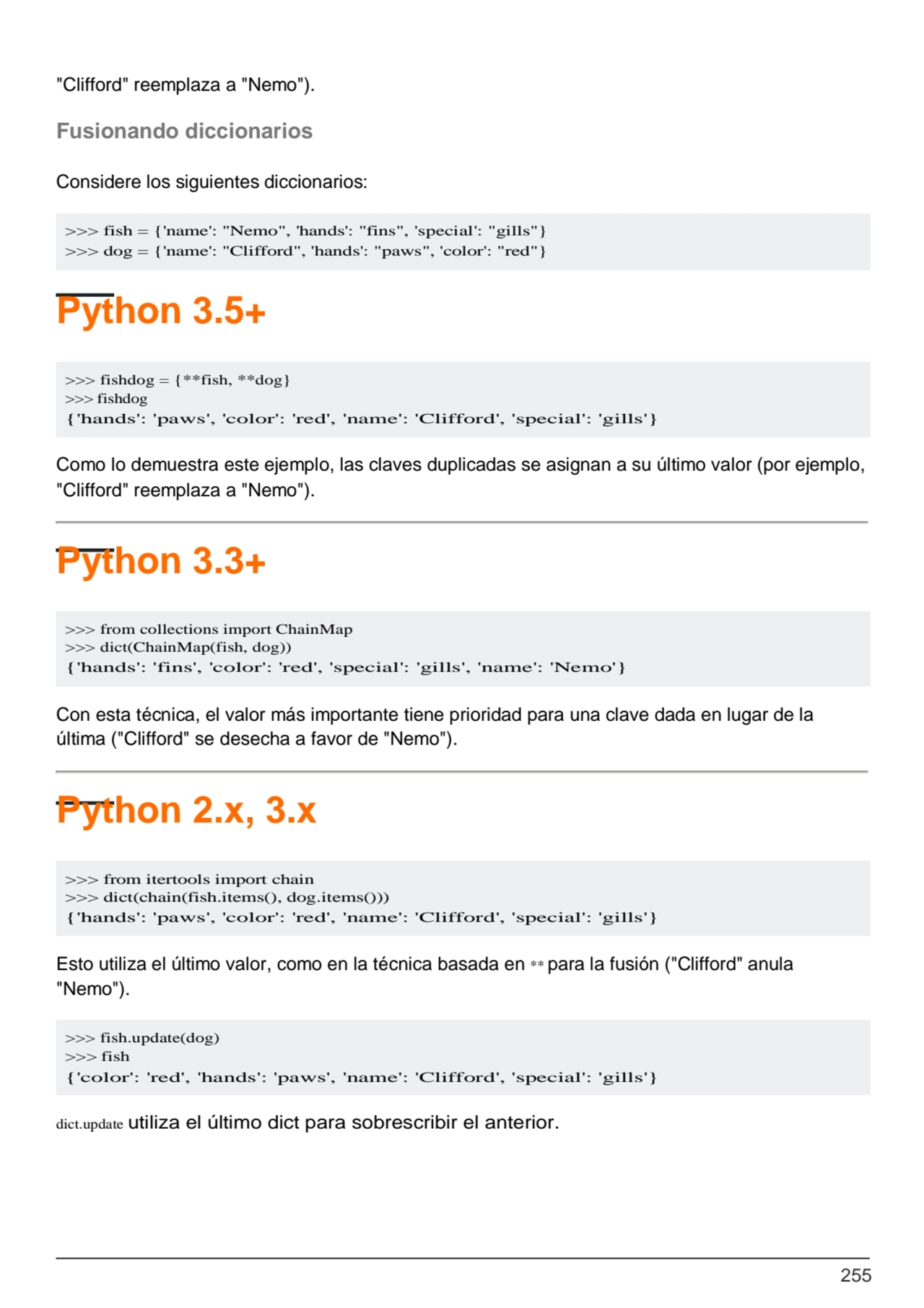 255
>>> fishdog = {**fish, **dog}
>>> fishdog
{'hands': 'paws', 'color': 'red', 'name': 'Cliffor…