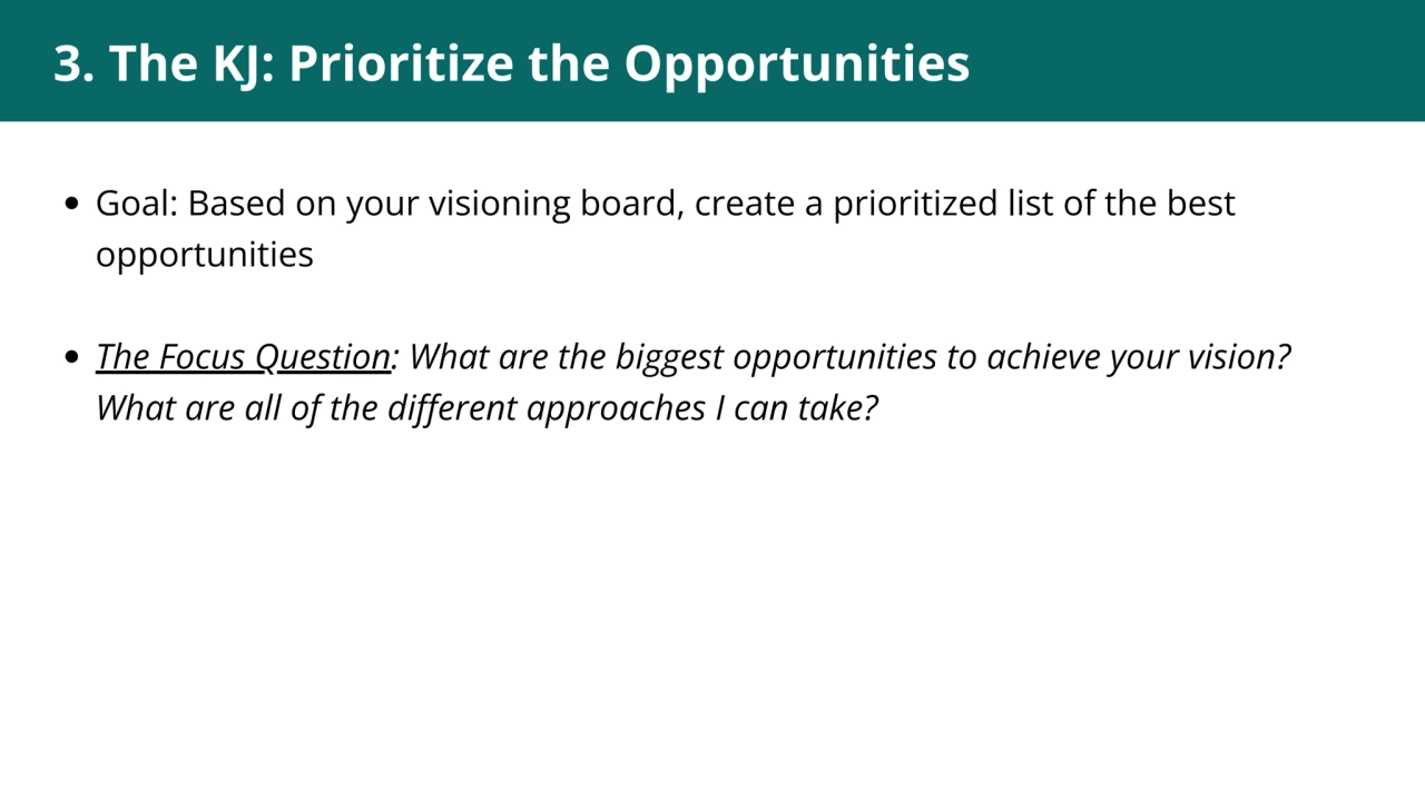 3. The KJ: Prioritize the Opportunities
Goal: Based on your visioning board, create a prioritized …