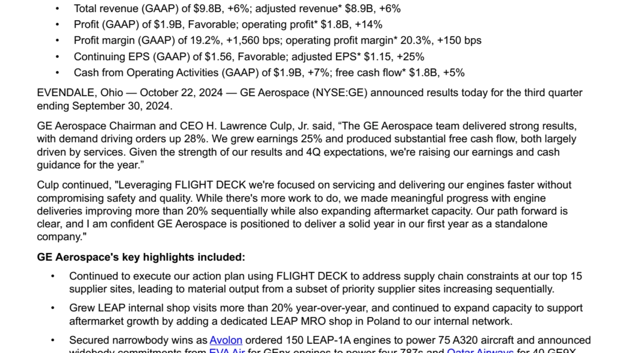 GE 3Q 2024 Earnings Release