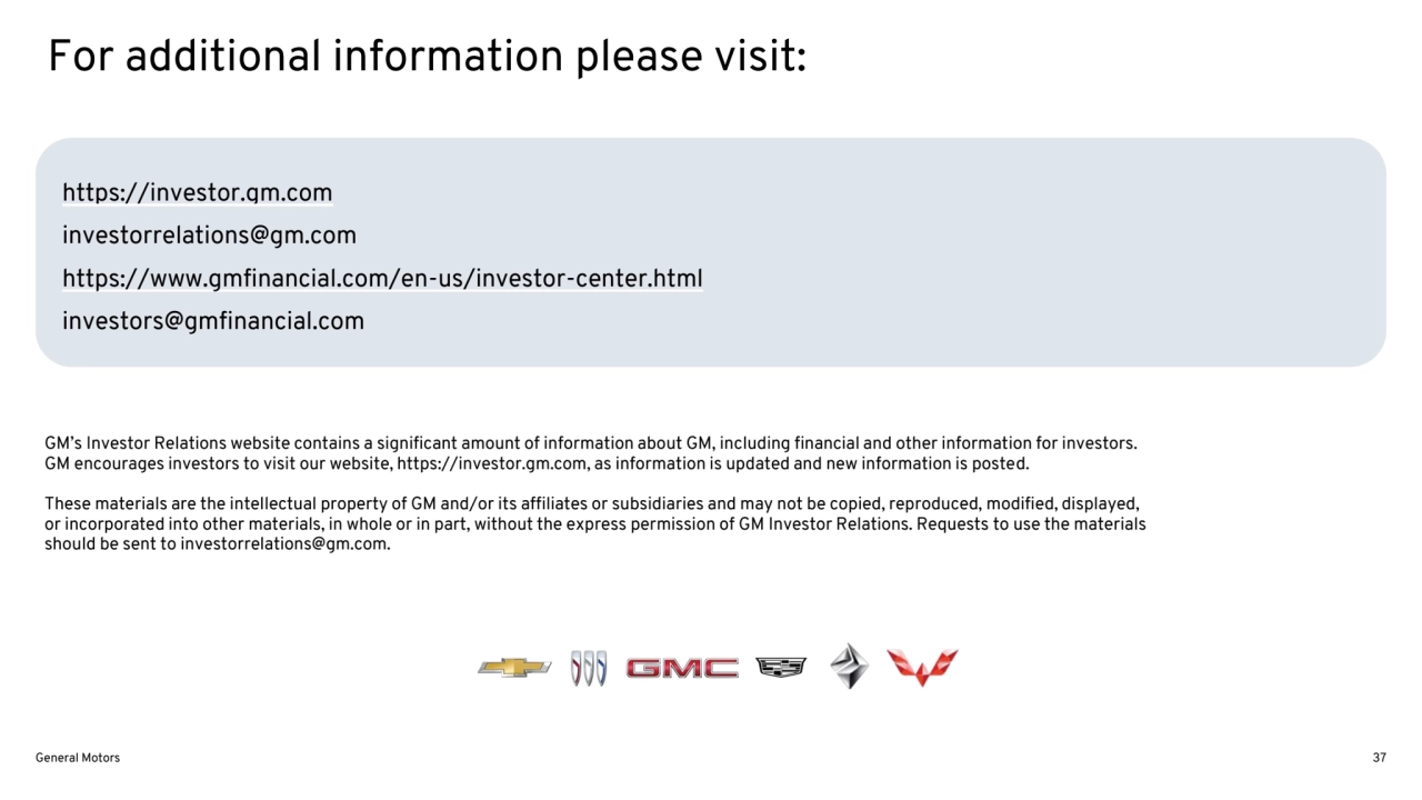GM’s Investor Relations website contains a significant amount of information about GM, including financial and other information for investors. 
GM encourages investors to visit our website, https://investor.gm.com, as information is updated and new information is posted.
These materials are the intellectual property of GM and/or its affiliates or subsidiaries and may not be copied, reproduced, modified, displayed, 
or incorporated into other materials, in whole or in part, without the express permission of GM Investor Relations. Requests to use the materials 
should be sent to investorrelations@gm.com.
https://investor.gm.com
investorrelations@gm.com
https://www.gmfinancial.com/en-us/investor-center.html
investors@gmfinancial.com
For additional information please visit:
General Motors 37
