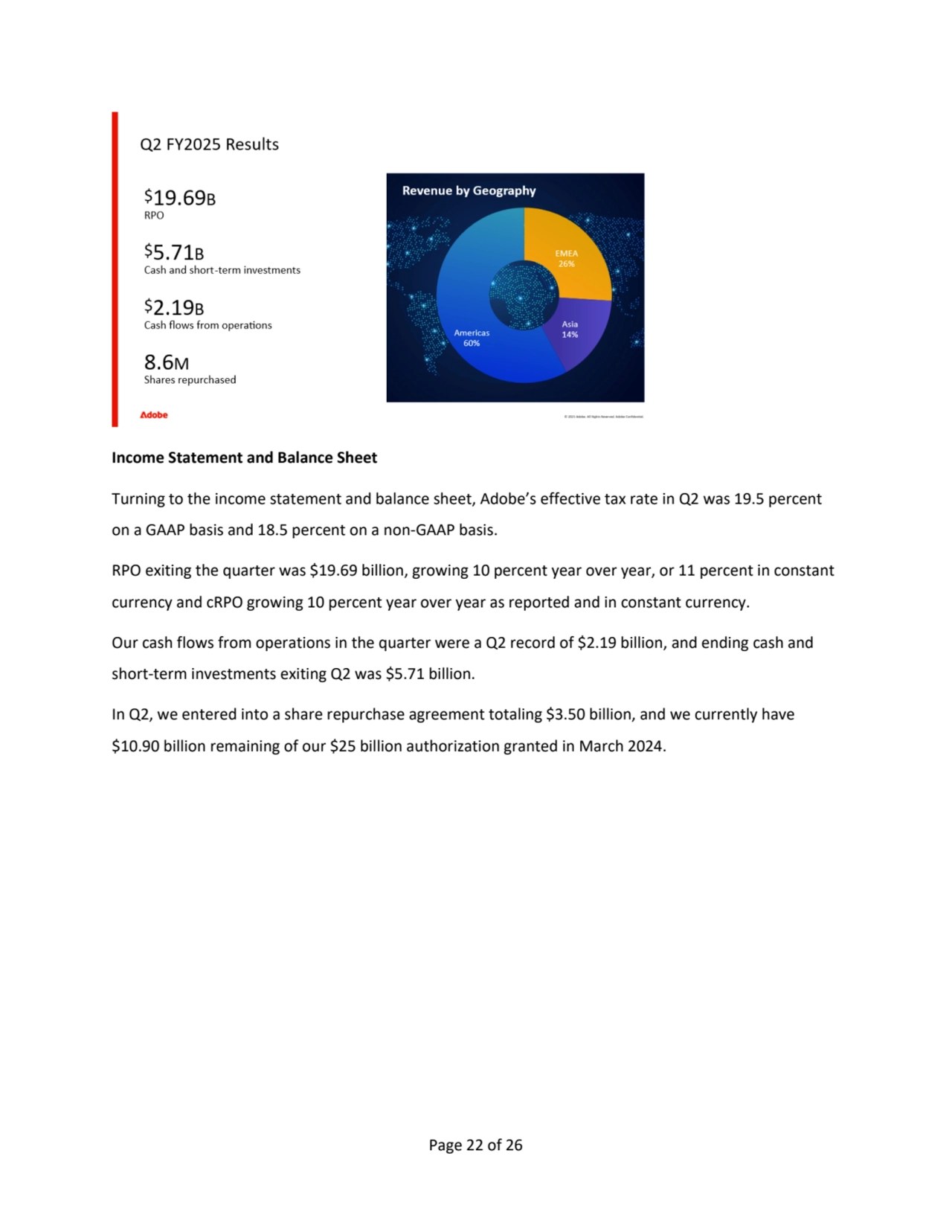 Page 22 of 26
Income Statement and Balance Sheet
Turning to the income statement and balance sheet, Adobe’s effective tax rate in Q2 was 19.5 percent 
on a GAAP basis and 18.5 percent on a non-GAAP basis.
RPO exiting the quarter was $19.69 billion, growing 10 percent year over year, or 11 percent in constant 
currency and cRPO growing 10 percent year over year as reported and in constant currency.
Our cash flows from operations in the quarter were a Q2 record of $2.19 billion, and ending cash and 
short-term investments exiting Q2 was $5.71 billion. 
In Q2, we entered into a share repurchase agreement totaling $3.50 billion, and we currently have 
$10.90 billion remaining of our $25 billion authorization granted in March 2024.