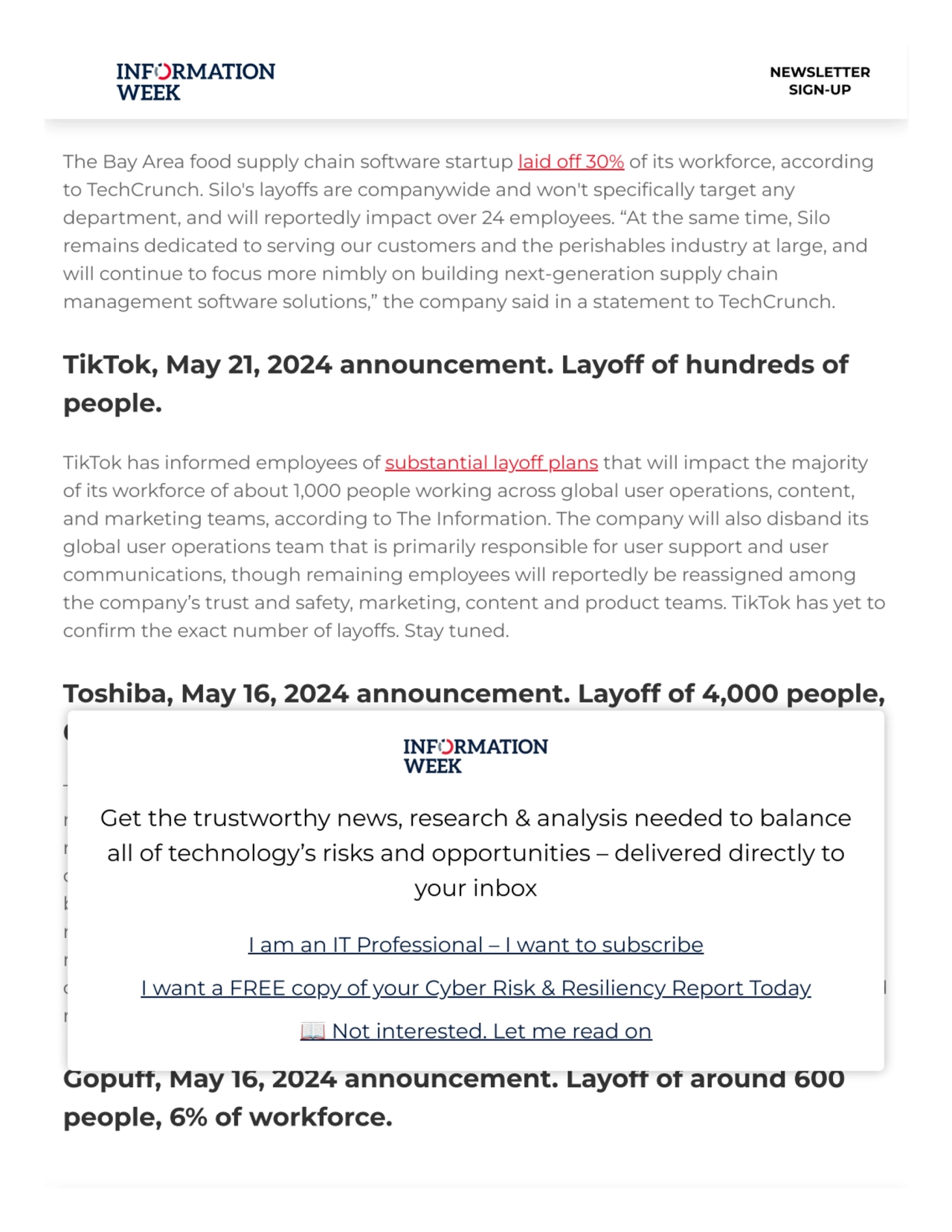 Silo, May 22, 2024 announcement. Layoff of 30% of
workforce.
The Bay Area food supply chain softw…