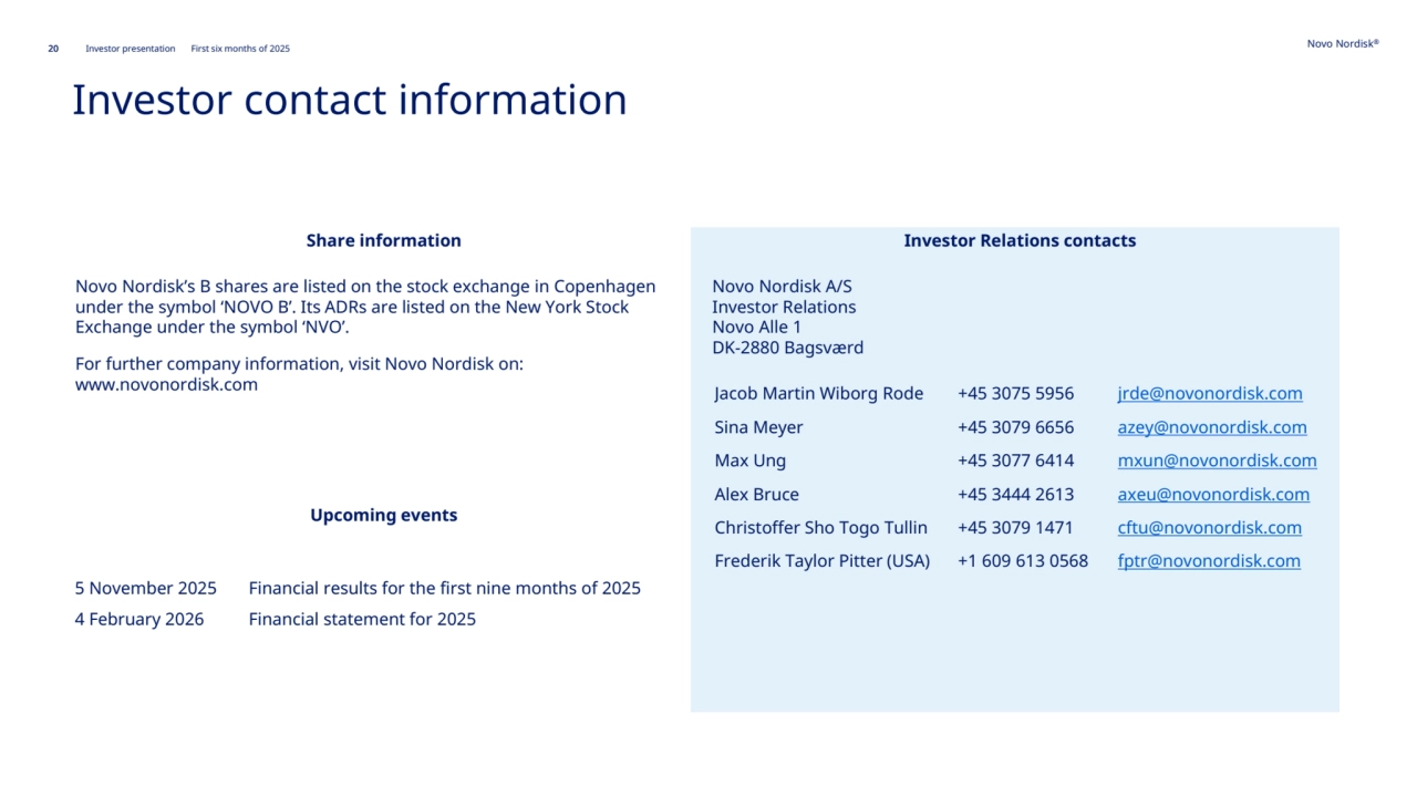 20 Novo Nordisk®
Investor presentation First six months of 2025
Investor contact information
Share information
Novo Nordisk’s B shares are listed on the stock exchange in Copenhagen 
under the symbol ‘NOVO B’. Its ADRs are listed on the New York Stock 
Exchange under the symbol ‘NVO’. 
For further company information, visit Novo Nordisk on: 
www.novonordisk.com
Investor Relations contacts
Novo Nordisk A/S 
Investor Relations 
Novo Alle 1 
DK-2880 Bagsværd
5 November 2025 Financial results for the first nine months of 2025
4 February 2026 Financial statement for 2025
Upcoming events
Jacob Martin Wiborg Rode +45 3075 5956 jrde@novonordisk.com
Sina Meyer +45 3079 6656 azey@novonordisk.com
Max Ung +45 3077 6414 mxun@novonordisk.com
Alex Bruce +45 3444 2613 axeu@novonordisk.com
Christoffer Sho Togo Tullin +45 3079 1471 cftu@novonordisk.com
Frederik Taylor Pitter (USA) +1 609 613 0568 fptr@novonordisk.com