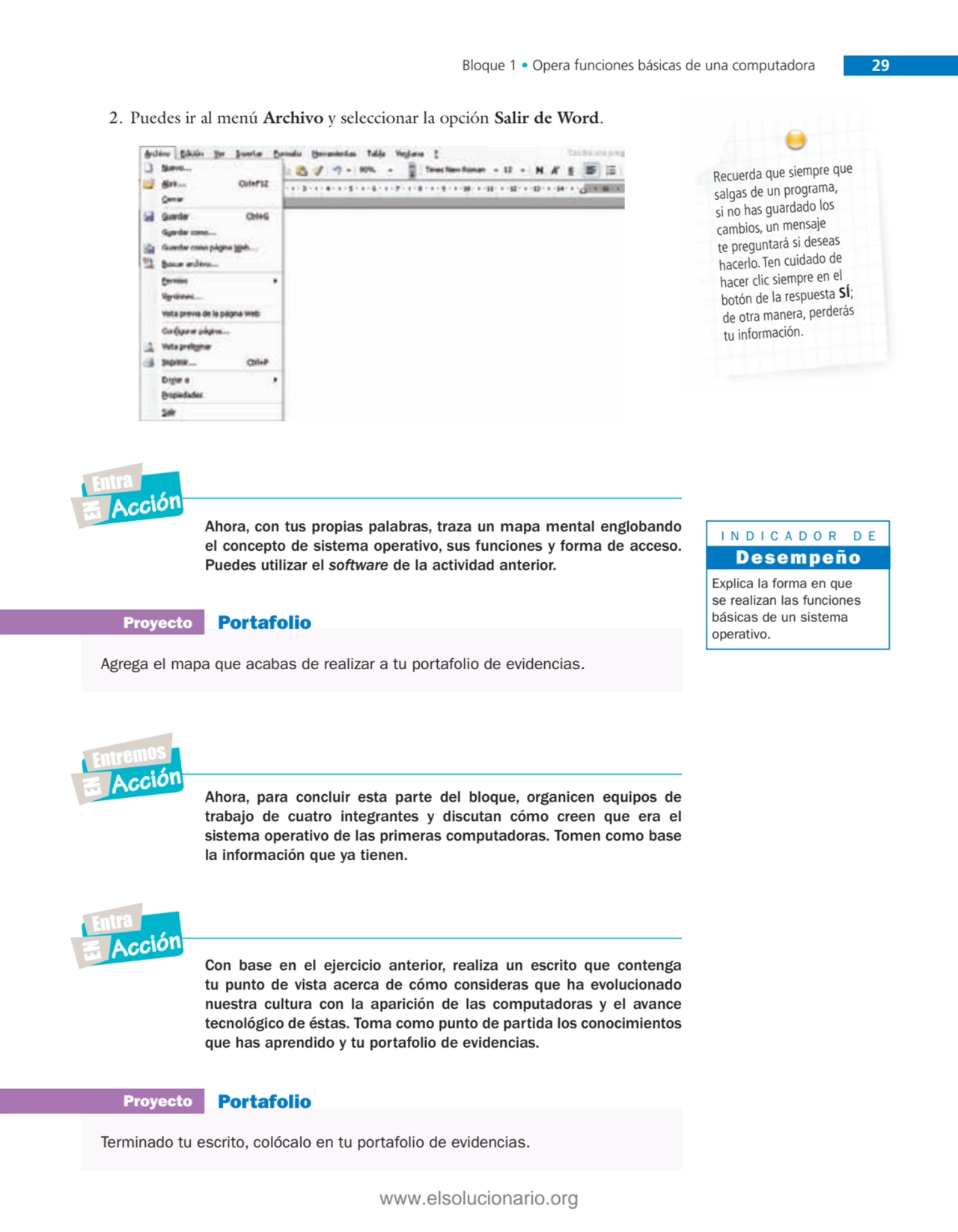 Bloque 1 • Opera funciones básicas de una computadora 29
2. Puedes ir al menú Archivo y selecciona…