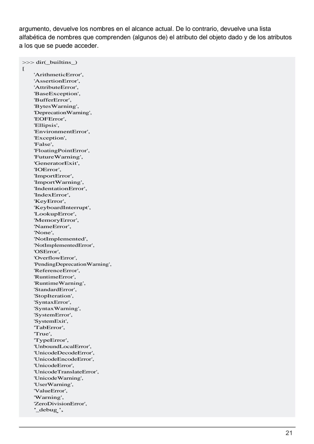 21
argumento, devuelve los nombres en el alcance actual. De lo contrario, devuelve una lista 
alf…