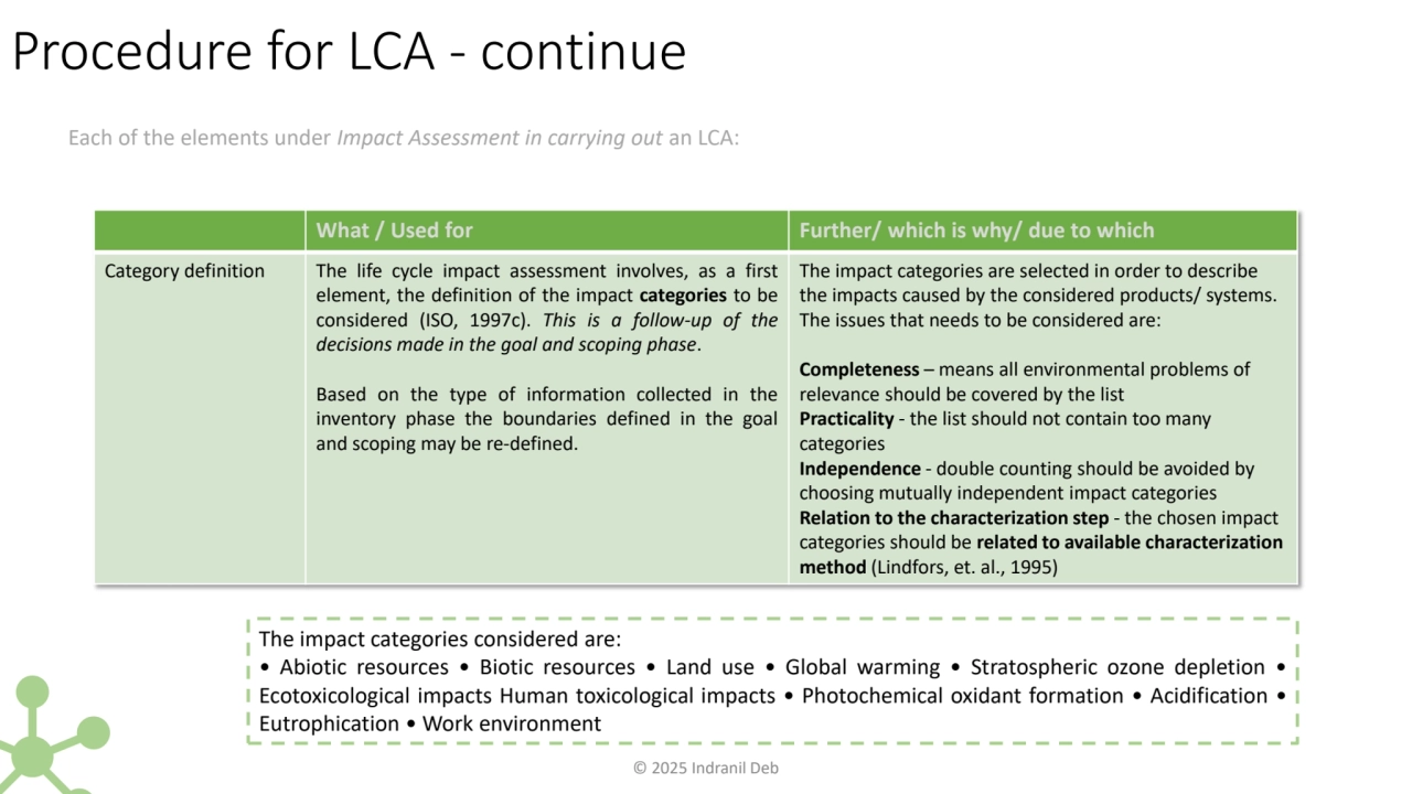 What / Used for Further/ which is why/ due to which 
Category definition The life cycle impact ass…