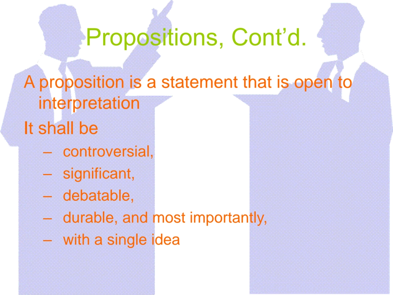 Propositions, Cont’d.
A proposition is a statement that is open to 
interpretation
It shall be 
…