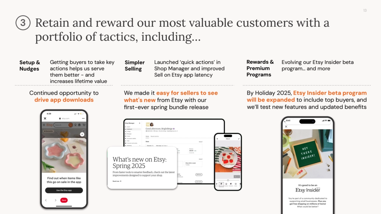 13
Retain and reward our most valuable customers with a
portfolio of tactics, including…
Setup &
Nudges
Getting buyers to take key
actions helps us serve
them better - and
increases lifetime value
Simpler
Selling
Launched ‘quick actions’ in
Shop Manager and improved
Sell on Etsy app latency
Rewards &
Premium
Programs
Evolving our Etsy Insider beta
program… and more
Continued opportunity to
drive app downloads
We made it easy for sellers to see
what's new from Etsy with our
first-ever spring bundle release
By Holiday 2025, Etsy Insider beta program
will be expanded to include top buyers, and
we’ll test new features and updated benefits
3
Imagery from
slide 12 of
marketing all
hands