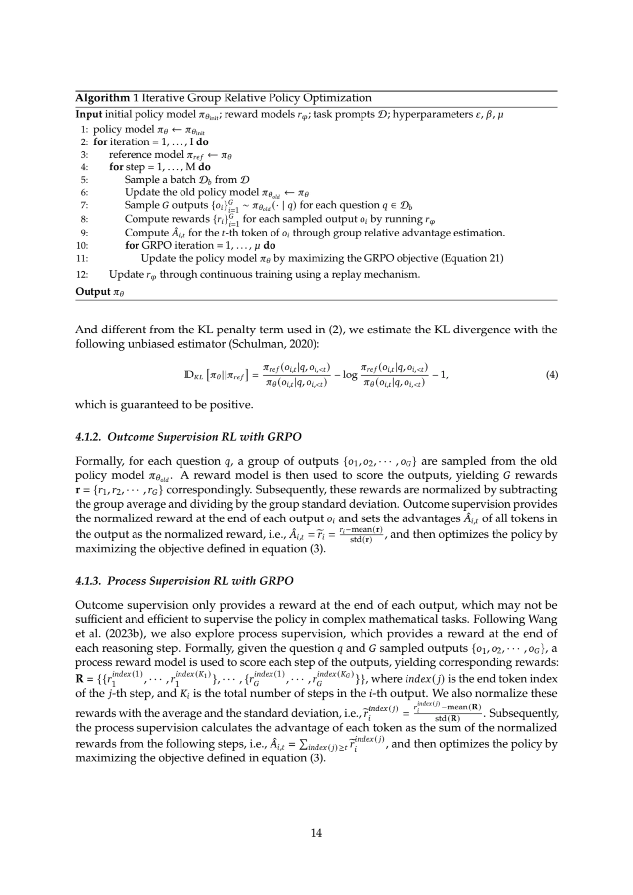 Algorithm 1 Iterative Group Relative Policy Optimization
Input initial policy model 𝜋𝜃init ; rewar…