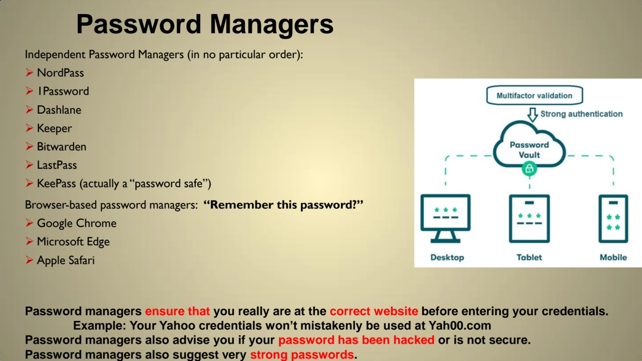 Password Managers
Password managers ensure that you really are at the correct website before enter…