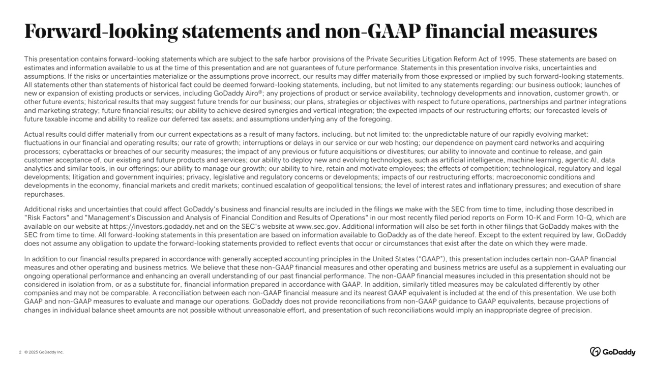© 2025 GoDaddy Inc..
This presentation contains forward-looking statements which are subject to the safe harbor provisions of the Private Securities Litigation Reform Act of 1995. These statements are based on 
estimates and information available to us at the time of this presentation and are not guarantees of future performance. Statements in this presentation involve risks, uncertainties and 
assumptions. If the risks or uncertainties materialize or the assumptions prove incorrect, our results may differ materially from those expressed or implied by such forward-looking statements. 
All statements other than statements of historical fact could be deemed forward-looking statements, including, but not limited to any statements regarding: our business outlook; launches of 
new or expansion of existing products or services, including GoDaddy Airo®; any projections of product or service availability, technology developments and innovation, customer growth, or 
other future events; historical results that may suggest future trends for our business; our plans, strategies or objectives with respect to future operations, partnerships and partner integrations 
and marketing strategy; future financial results; our ability to achieve desired synergies and vertical integration; the expected impacts of our restructuring efforts; our forecasted levels of 
future taxable income and ability to realize our deferred tax assets; and assumptions underlying any of the foregoing.
Actual results could differ materially from our current expectations as a result of many factors, including, but not limited to: the unpredictable nature of our rapidly evolving market; 
fluctuations in our financial and operating results; our rate of growth; interruptions or delays in our service or our web hosting; our dependence on payment card networks and acquiring 
processors; cyberattacks or breaches of our security measures; the impact of any previous or future acquisitions or divestitures; our ability to innovate and continue to release, and gain 
customer acceptance of, our existing and future products and services; our ability to deploy new and evolving technologies, such as artificial intelligence, machine learning, agentic AI, data 
analytics and similar tools, in our offerings; our ability to manage our growth; our ability to hire, retain and motivate employees; the effects of competition; technological, regulatory and legal 
developments; litigation and government inquiries; privacy, legislative and regulatory concerns or developments; impacts of our restructuring efforts; macroeconomic conditions and 
developments in the economy, financial markets and credit markets; continued escalation of geopolitical tensions; the level of interest rates and inflationary pressures; and execution of share 
repurchases.
Additional risks and uncertainties that could affect GoDaddy's business and financial results are included in the filings we make with the SEC from time to time, including those described in 
"Risk Factors" and "Management's Discussion and Analysis of Financial Condition and Results of Operations" in our most recently filed period reports on Form 10-K and Form 10-Q, which are 
available on our website at https://investors.godaddy.net and on the SEC's website at www.sec.gov. Additional information will also be set forth in other filings that GoDaddy makes with the 
SEC from time to time. All forward-looking statements in this presentation are based on information available to GoDaddy as of the date hereof. Except to the extent required by law, GoDaddy 
does not assume any obligation to update the forward-looking statements provided to reflect events that occur or circumstances that exist after the date on which they were made.
In addition to our financial results prepared in accordance with generally accepted accounting principles in the United States (“GAAP”), this presentation includes certain non-GAAP financial 
measures and other operating and business metrics. We believe that these non-GAAP financial measures and other operating and business metrics are useful as a supplement in evaluating our 
ongoing operational performance and enhancing an overall understanding of our past financial performance. The non-GAAP financial measures included in this presentation should not be 
considered in isolation from, or as a substitute for, financial information prepared in accordance with GAAP. In addition, similarly titled measures may be calculated differently by other 
companies and may not be comparable. A reconciliation between each non-GAAP financial measure and its nearest GAAP equivalent is included at the end of this presentation. We use both 
GAAP and non-GAAP measures to evaluate and manage our operations. GoDaddy does not provide reconciliations from non-GAAP guidance to GAAP equivalents, because projections of 
changes in individual balance sheet amounts are not possible without unreasonable effort, and presentation of such reconciliations would imply an inappropriate degree of precision.
Forward-looking statements and non-GAAP financial measures
2
