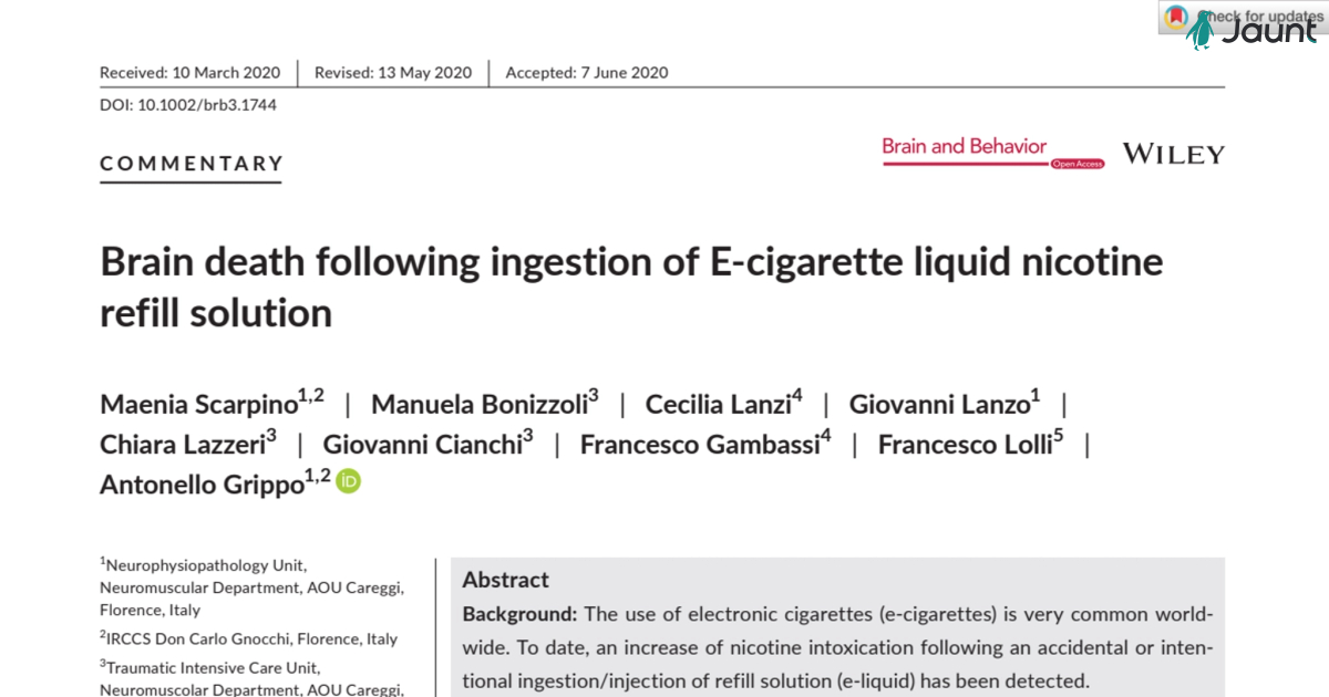 Brain death following ingestion of E‐cigarette liquid nicotine refill solution