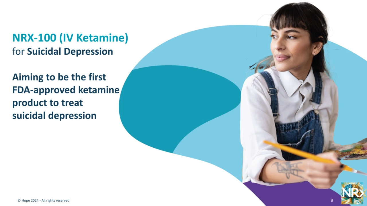NRX-100 (IV Ketamine) 
for Suicidal Depression
Aiming to be the first
FDA-approved ketamine
product to treat
suicidal depression
© Hope 2024 - All rights reserved 8