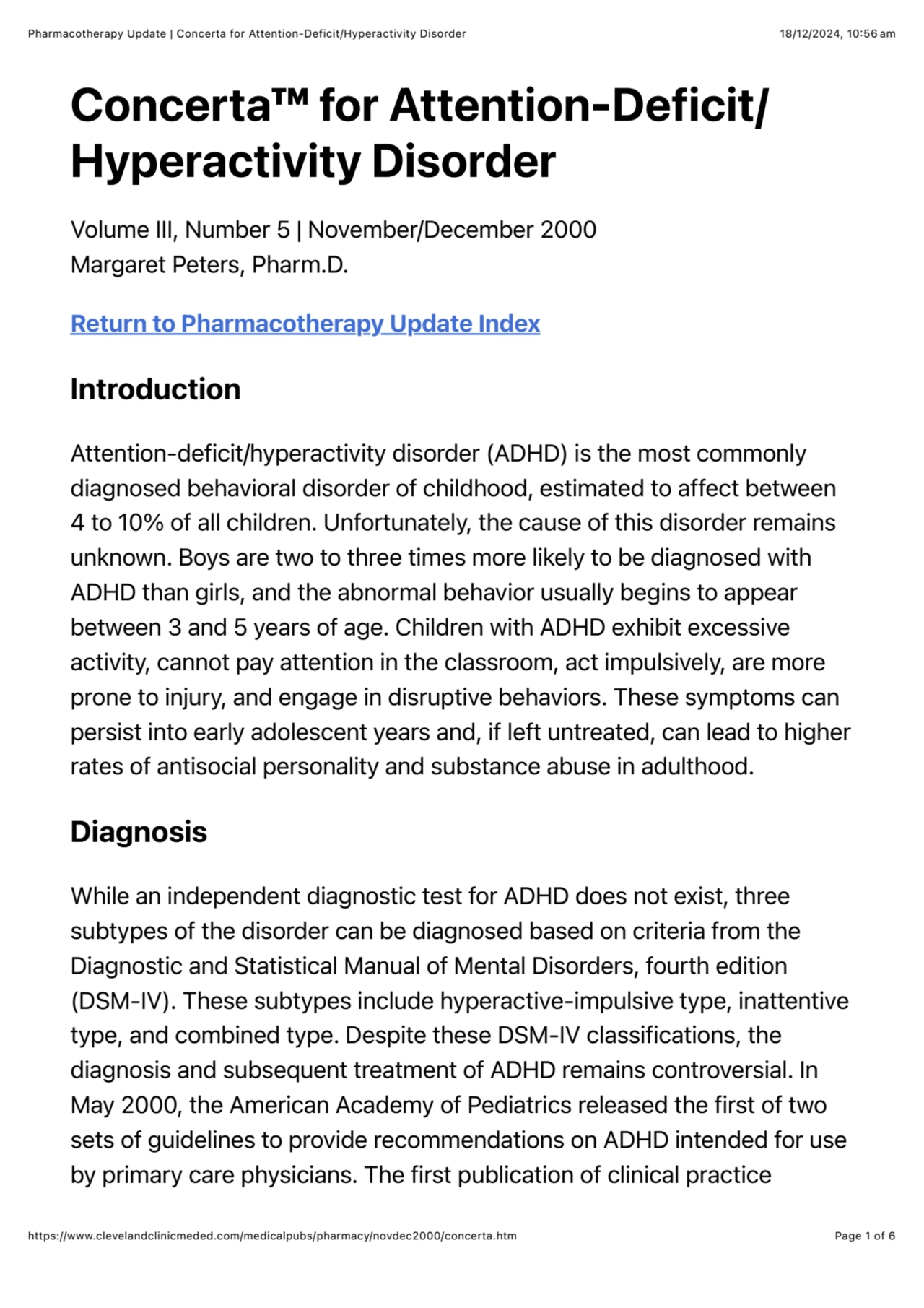 Pharmacotherapy Update | Concerta for Attention-Deficit/Hyperactivity Disorder