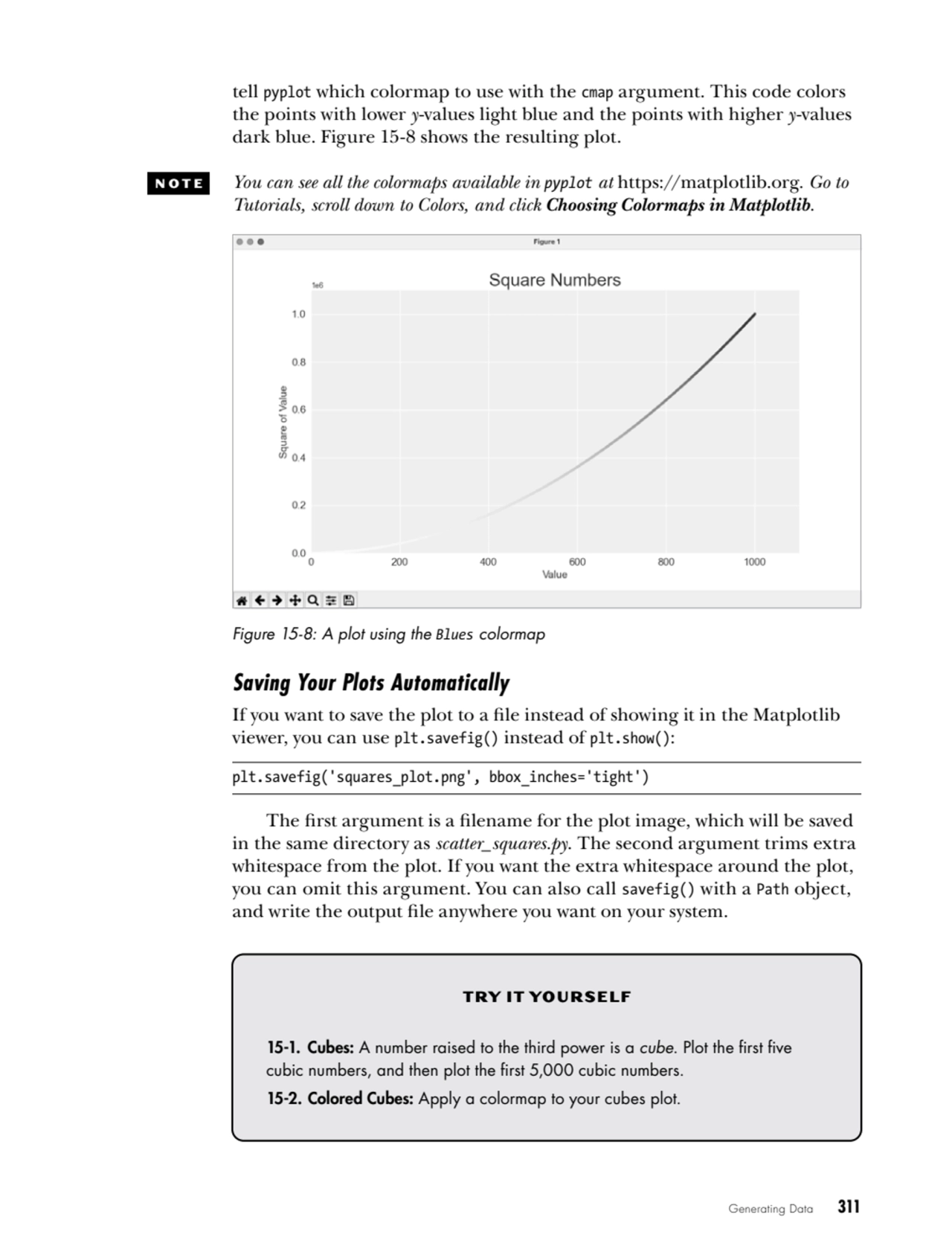 Generating Data   311
tell pyplot which colormap to use with the cmap argument. This code colors 
…