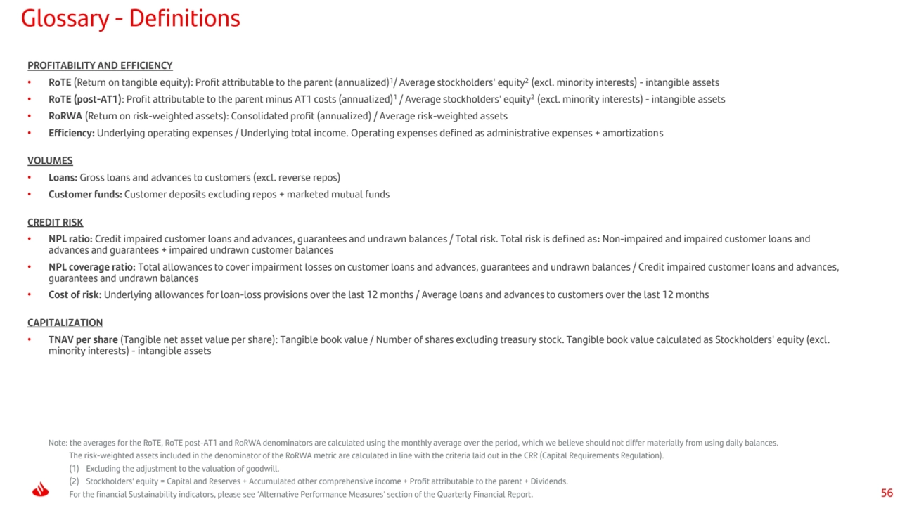 56
Glossary - Definitions
PROFITABILITY AND EFFICIENCY
• RoTE (Return on tangible equity): Profit attributable to the parent (annualized)1/ Average stockholders' equity2(excl. minority interests) - intangible assets
• RoTE (post-AT1): Profit attributable to the parent minus AT1 costs (annualized)1/ Average stockholders' equity2(excl. minority interests) - intangible assets
• RoRWA (Return on risk-weighted assets): Consolidated profit (annualized) / Average risk-weighted assets
• Efficiency: Underlying operating expenses / Underlying total income. Operating expenses defined as administrative expenses + amortizations
VOLUMES
• Loans: Gross loans and advances to customers (excl. reverse repos)
• Customer funds: Customer deposits excluding repos + marketed mutual funds
CREDIT RISK
• NPL ratio: Credit impaired customer loans and advances, guarantees and undrawn balances / Total risk. Total risk is defined as: Non-impaired and impaired customer loans and 
advances and guarantees + impaired undrawn customer balances
• NPL coverage ratio: Total allowances to cover impairment losses on customer loans and advances, guarantees and undrawn balances / Credit impaired customer loans and advances, 
guarantees and undrawn balances
• Cost of risk: Underlying allowances for loan-loss provisions over the last 12 months / Average loans and advances to customers over the last 12 months
CAPITALIZATION
• TNAV per share (Tangible net asset value per share): Tangible book value / Number of shares excluding treasury stock. Tangible book value calculated as Stockholders' equity (excl. 
minority interests) - intangible assets
Note: the averages for the RoTE, RoTE post-AT1 and RoRWA denominators are calculated using the monthly average over the period, which we believe should not differ materially from using daily balances.
The risk-weighted assets included in the denominator of the RoRWA metric are calculated in line with the criteria laid out in the CRR (Capital Requirements Regulation).
(1) Excluding the adjustment to the valuation of goodwill.
(2) Stockholders’ equity = Capital and Reserves + Accumulated other comprehensive income + Profit attributable to the parent + Dividends.
For the financial Sustainability indicators, please see ‘Alternative Performance Measures’ section of the Quarterly Financial Report.