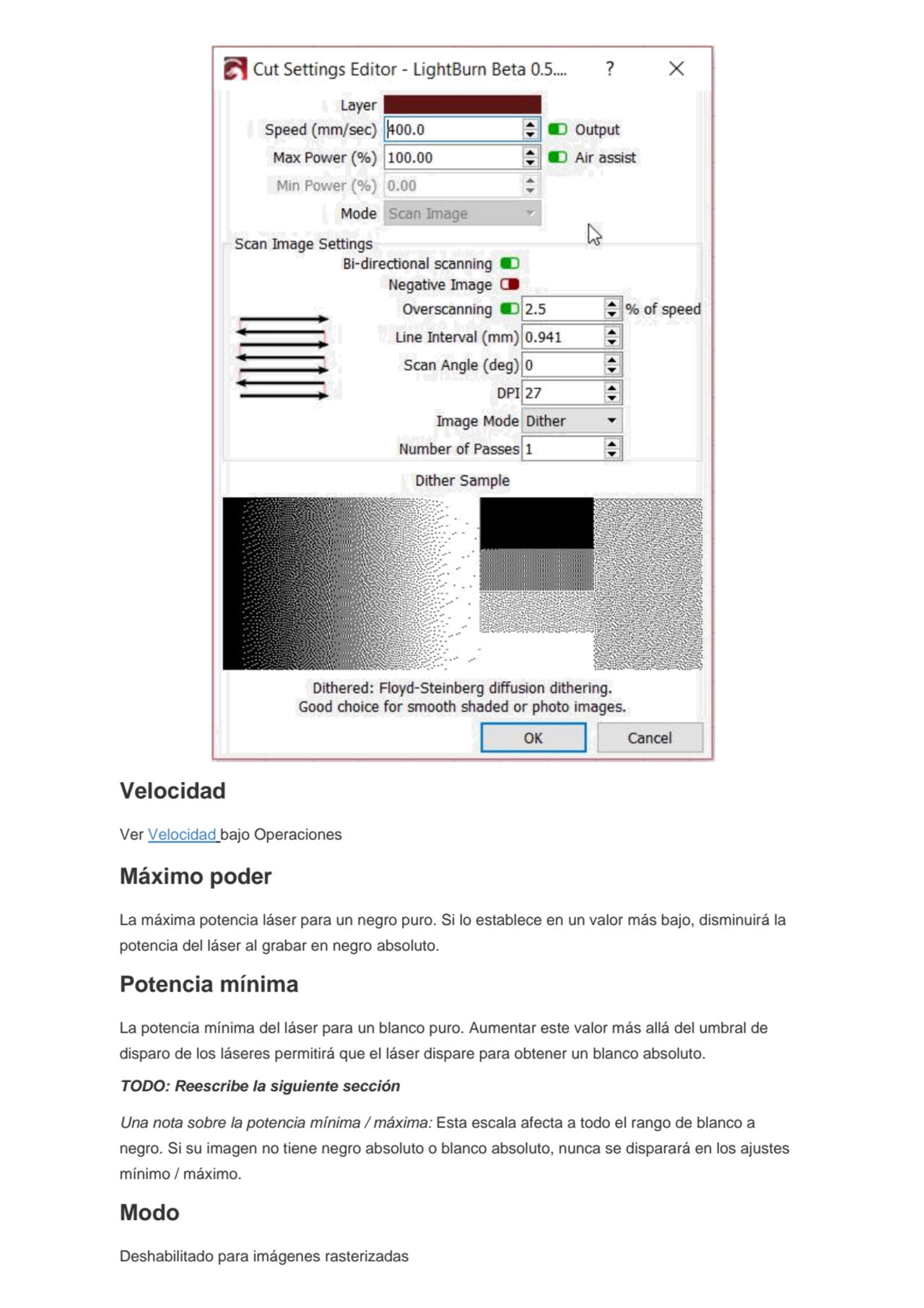 Velocidad
Ver Velocidad bajo Operaciones
Máximo poder
La máxima potencia láser para un negro pur…