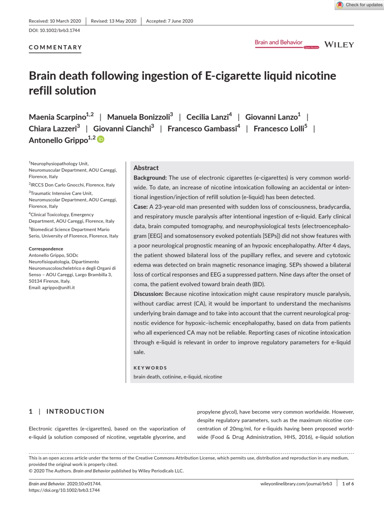 Brain death following ingestion of E‐cigarette liquid nicotine refill solution