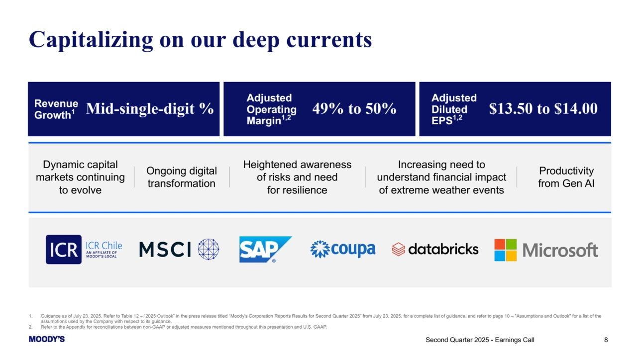 Second Quarter 2025 - Earnings Call 8
Capitalizing on our deep currents 
Dynamic capital 
markets continuing 
to evolve
Heightened awareness 
of risks and need 
for resilience
Ongoing digital 
transformation
Increasing need to 
understand financial impact 
of extreme weather events
Productivity 
from Gen AI
Revenue
Growth1 Mid-single-digit %
Adjusted 
Operating 
Margin1,2
49% to 50%
Adjusted 
Diluted
EPS1,2
$13.50 to $14.00
1. Guidance as of July 23, 2025. Refer to Table 12 – “2025 Outlook” in the press release titled “Moody's Corporation Reports Results for Second Quarter 2025” from July 23, 2025, for a complete list of guidance, and refer to page 10 – "Assumptions and Outlook" for a list of the 
assumptions used by the Company with respect to its guidance.
2. Refer to the Appendix for reconciliations between non-GAAP or adjusted measures mentioned throughout this presentation and U.S. GAAP. 