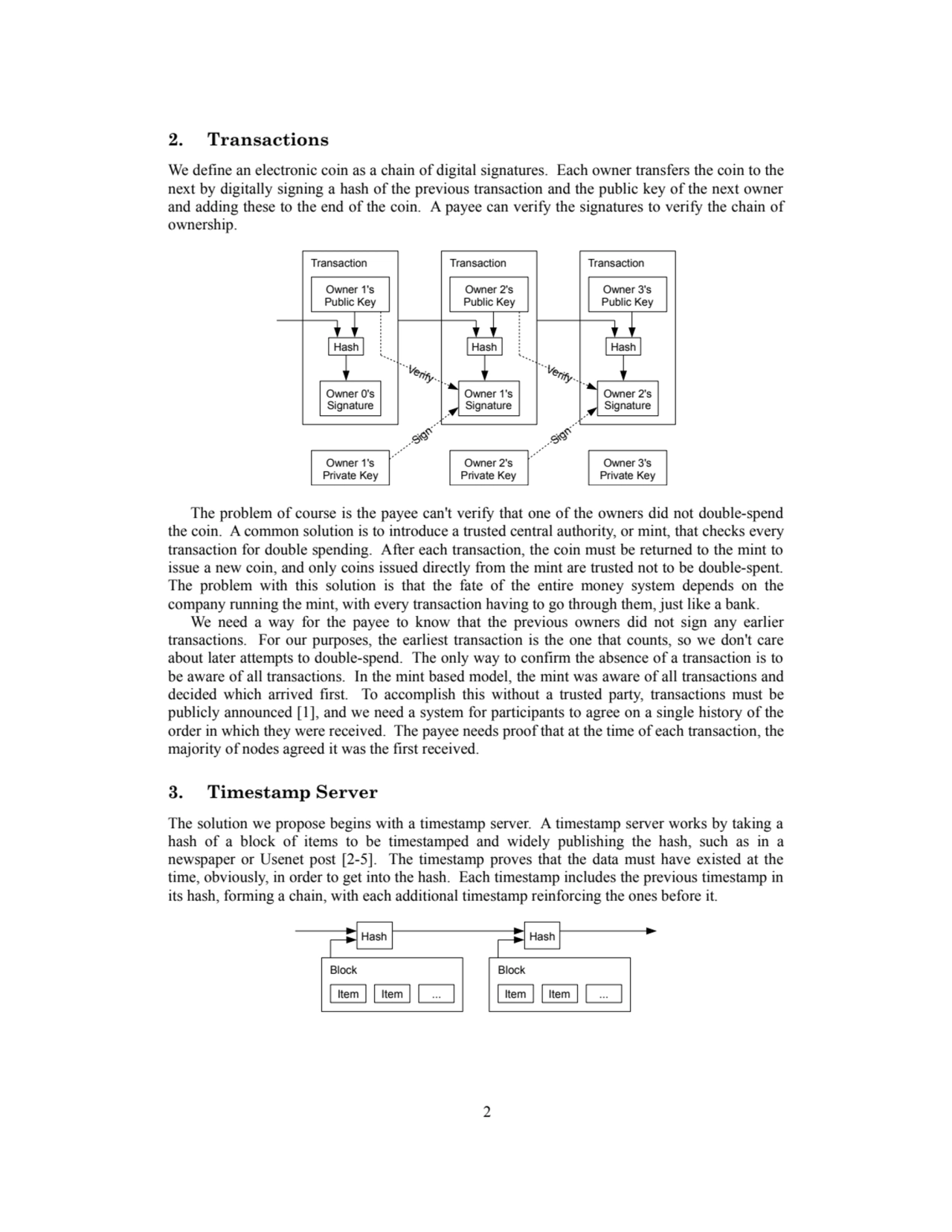 2. Transactions
We define an electronic coin as a chain of digital signatures. Each owner transfer…