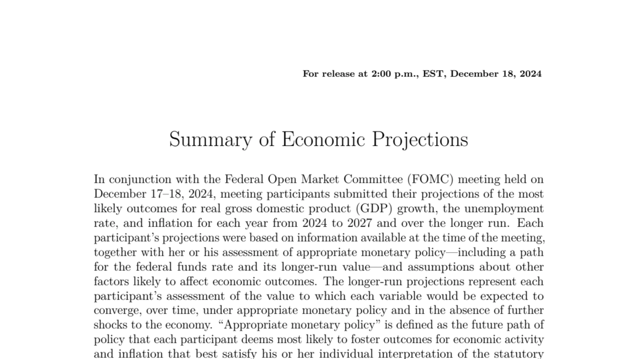 Summary of Economic Projections, December 18, 24 by Federal Reserve to justify lesser rate cuts 2025