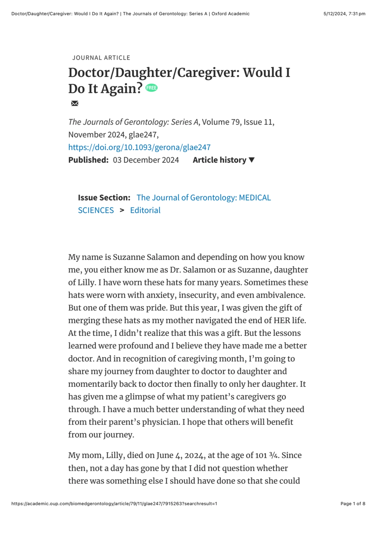 Doctor/Daughter/Caregiver: Would I Do It Again? | The Journals of Gerontology: Series A | Oxford Academic