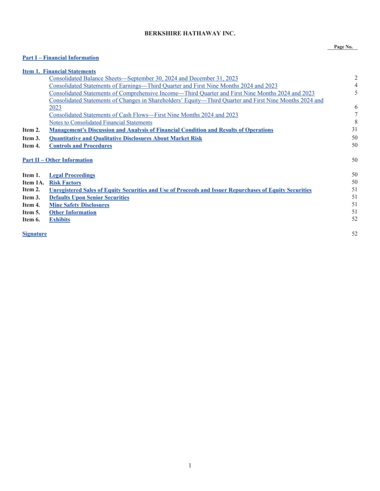 1
BERKSHIRE HATHAWAY INC.
Page No.
Part I – Financial Information 
Item 1. Financial Statements…