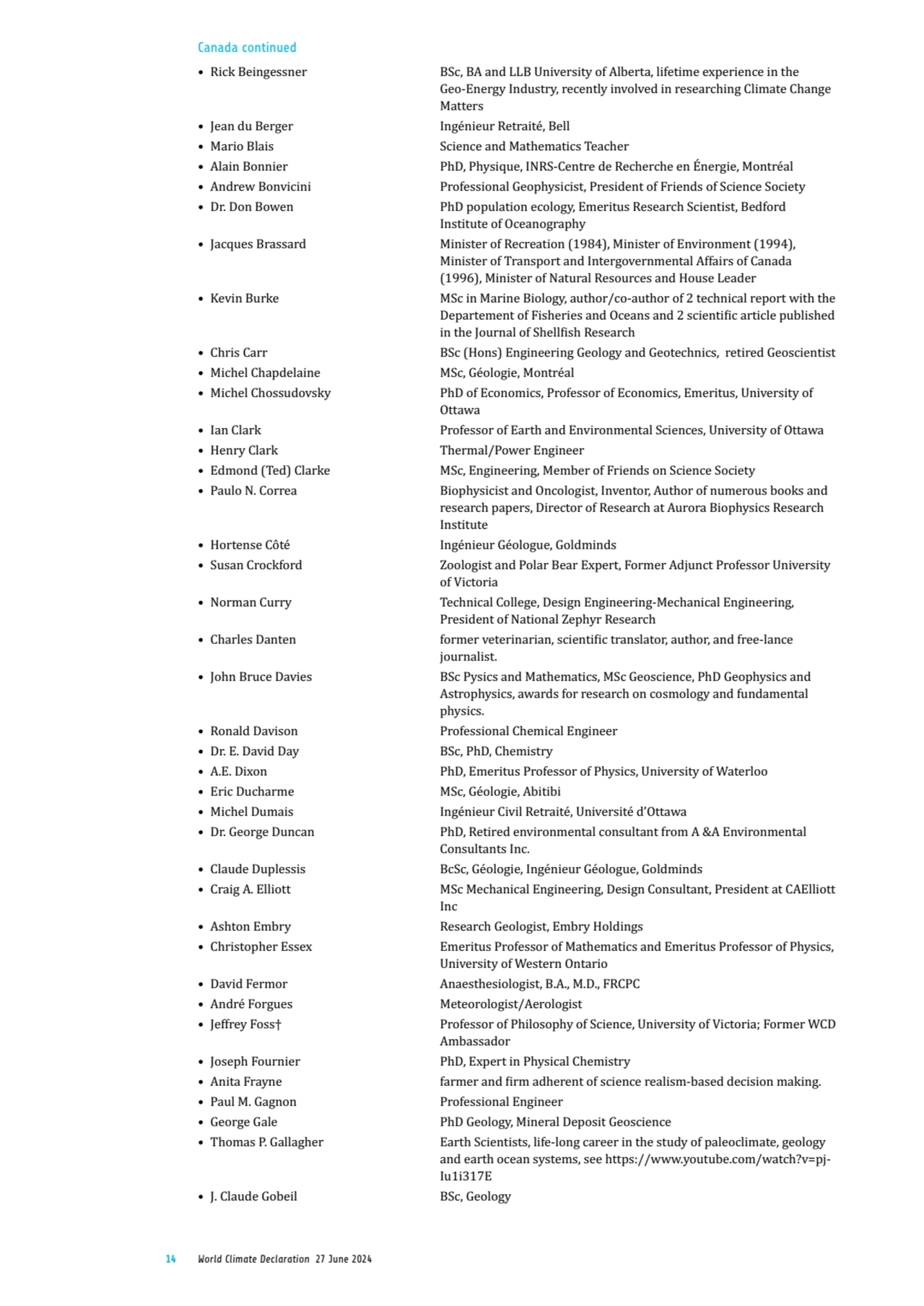 14 World Climate Declaration 27 June 2024
• Rick Beingessner BSc, BA and LLB University of Alberta…