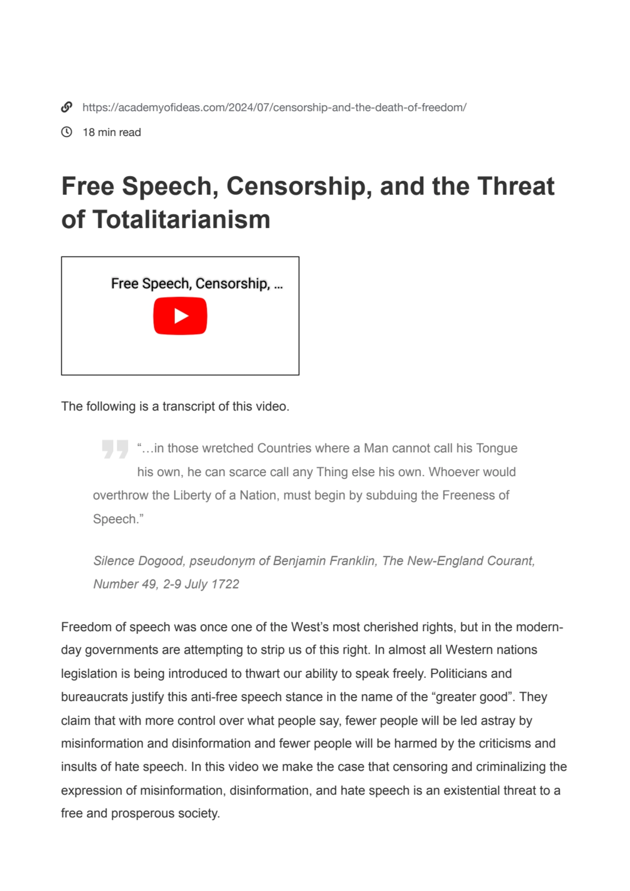 Free Speech, Censorship, and the Threat of Totalitarianism