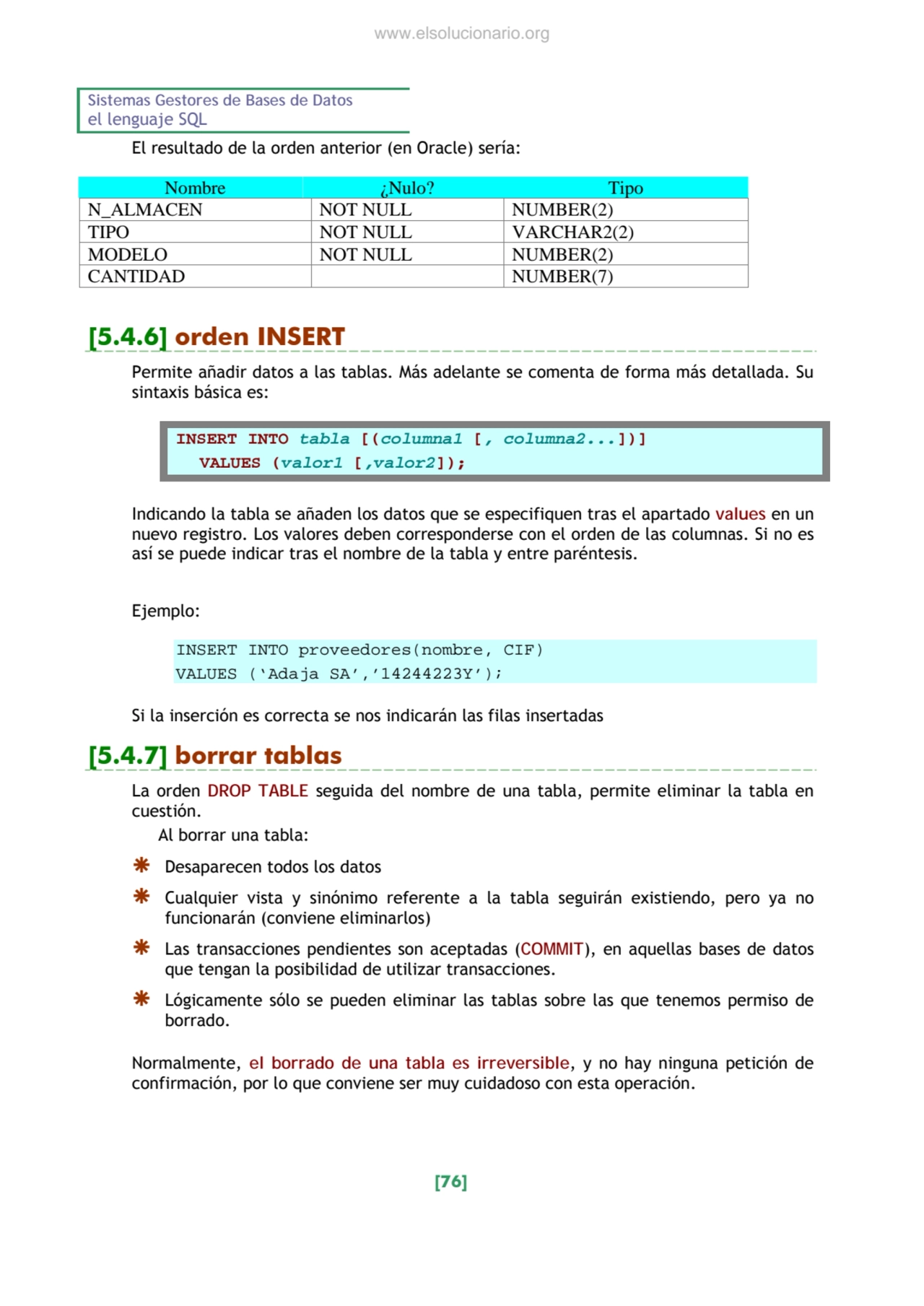 Sistemas Gestores de Bases de Datos 
el lenguaje SQL 
[76] 
El resultado de la orden anterior (e…