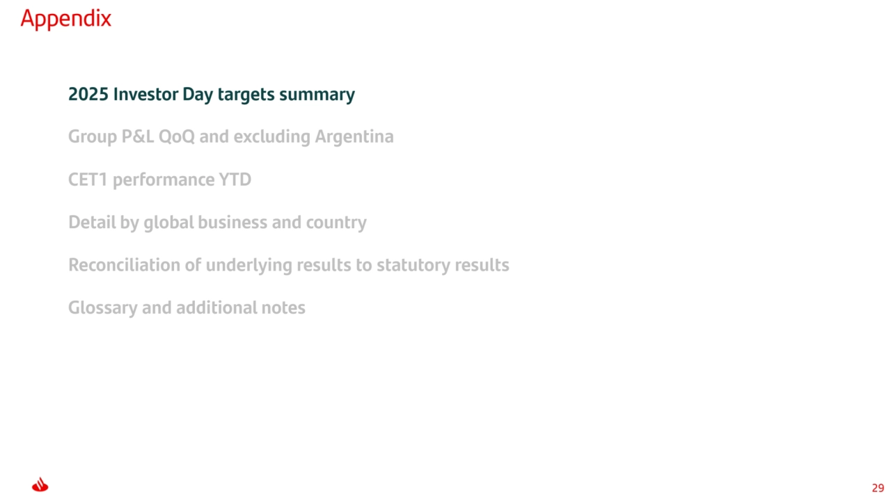 29
Appendix 
2025 Investor Day targets summary
Group P&L QoQ and excluding Argentina
CET1 performance YTD
Detail by global business and country
Reconciliation of underlying results to statutory results
Glossary and additional notes