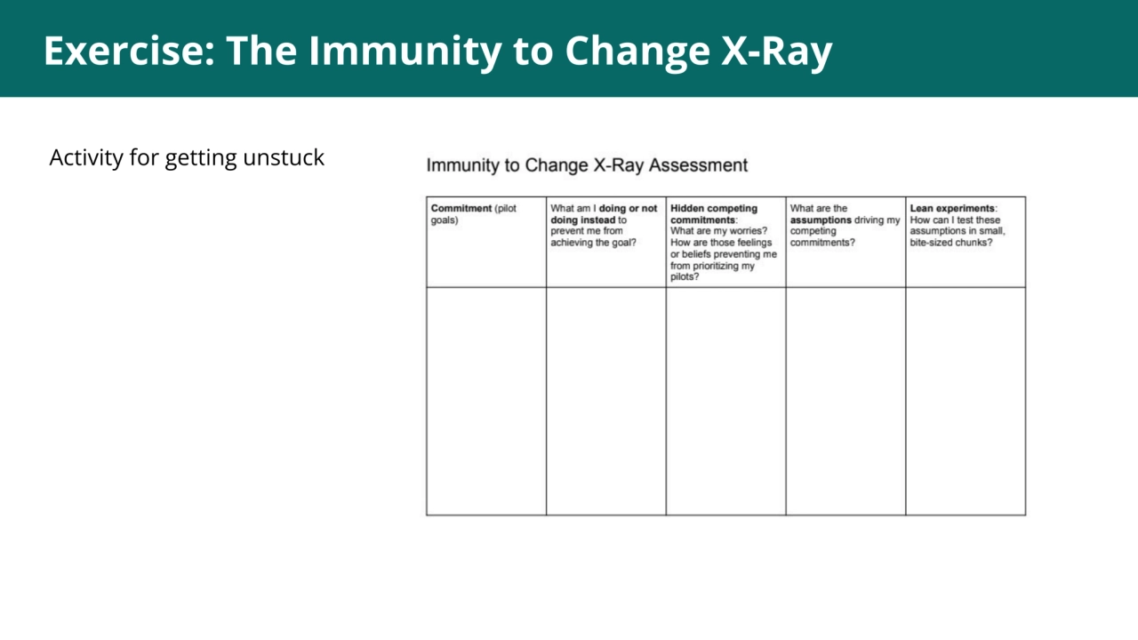 1
Exercise: The Immunity to Change X-Ray
Activity for getting unstuck