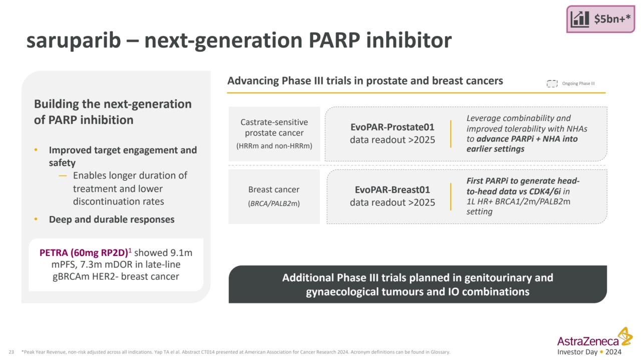 Investor Day • 2024
saruparib – next-generation PARP inhibitor 
23 *Peak Year Revenue, non-risk a…