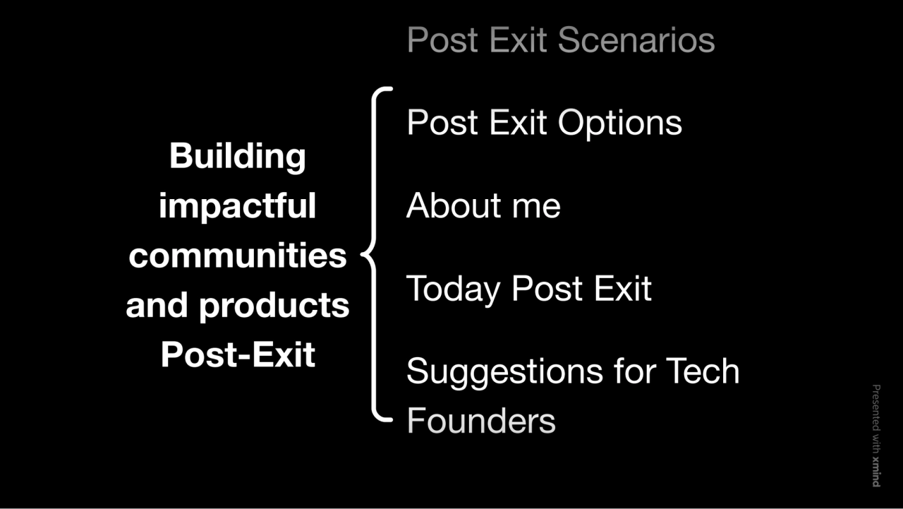 Building
impactful
communities
and products
Post-Exit
Post Exit Scenarios
Post Exit Options
…