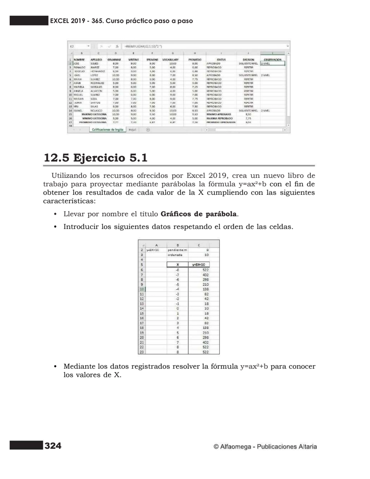 324
12.5 Ejercicio 5.1
Utilizando los recursos ofrecidos por Excel 2019, crea un nuevo libro de
…