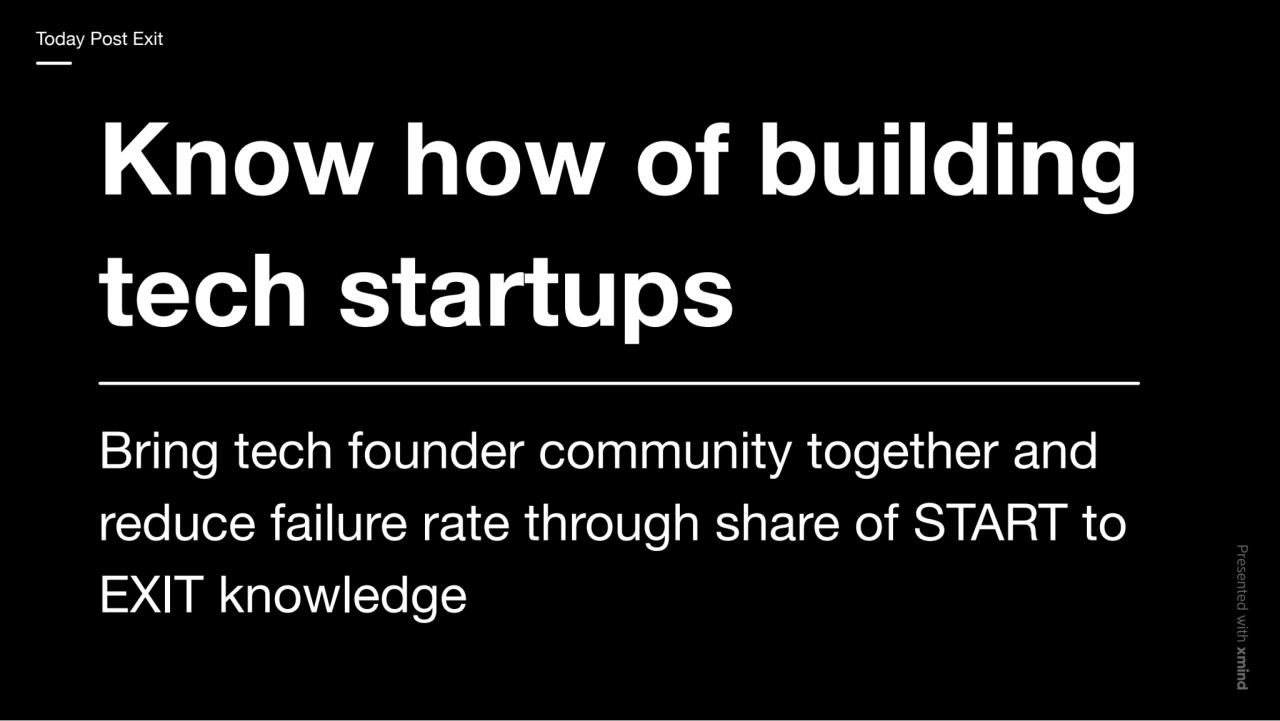 Know how of building
tech startups
Bring tech founder community together and
reduce failure rate…