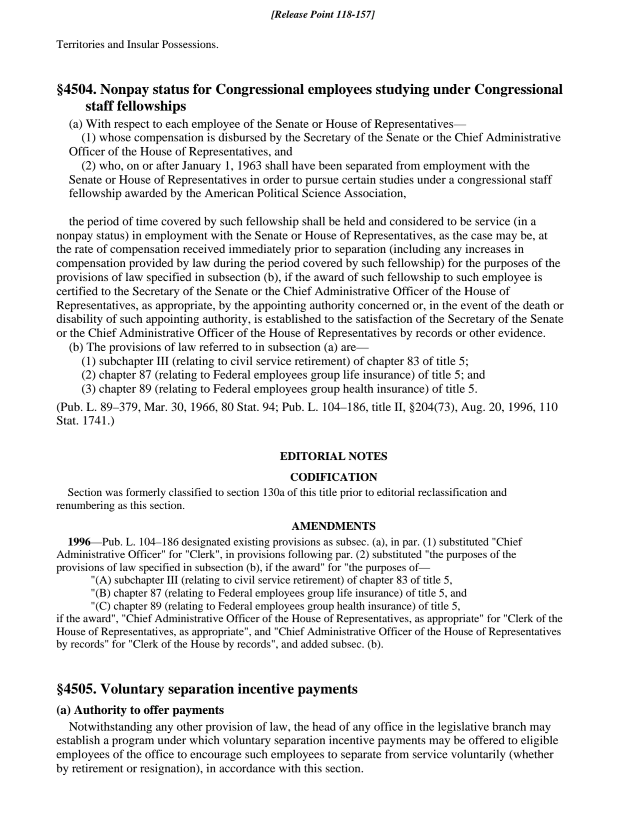 Territories and Insular Possessions.
§4504. Nonpay status for Congressional employees studying und…