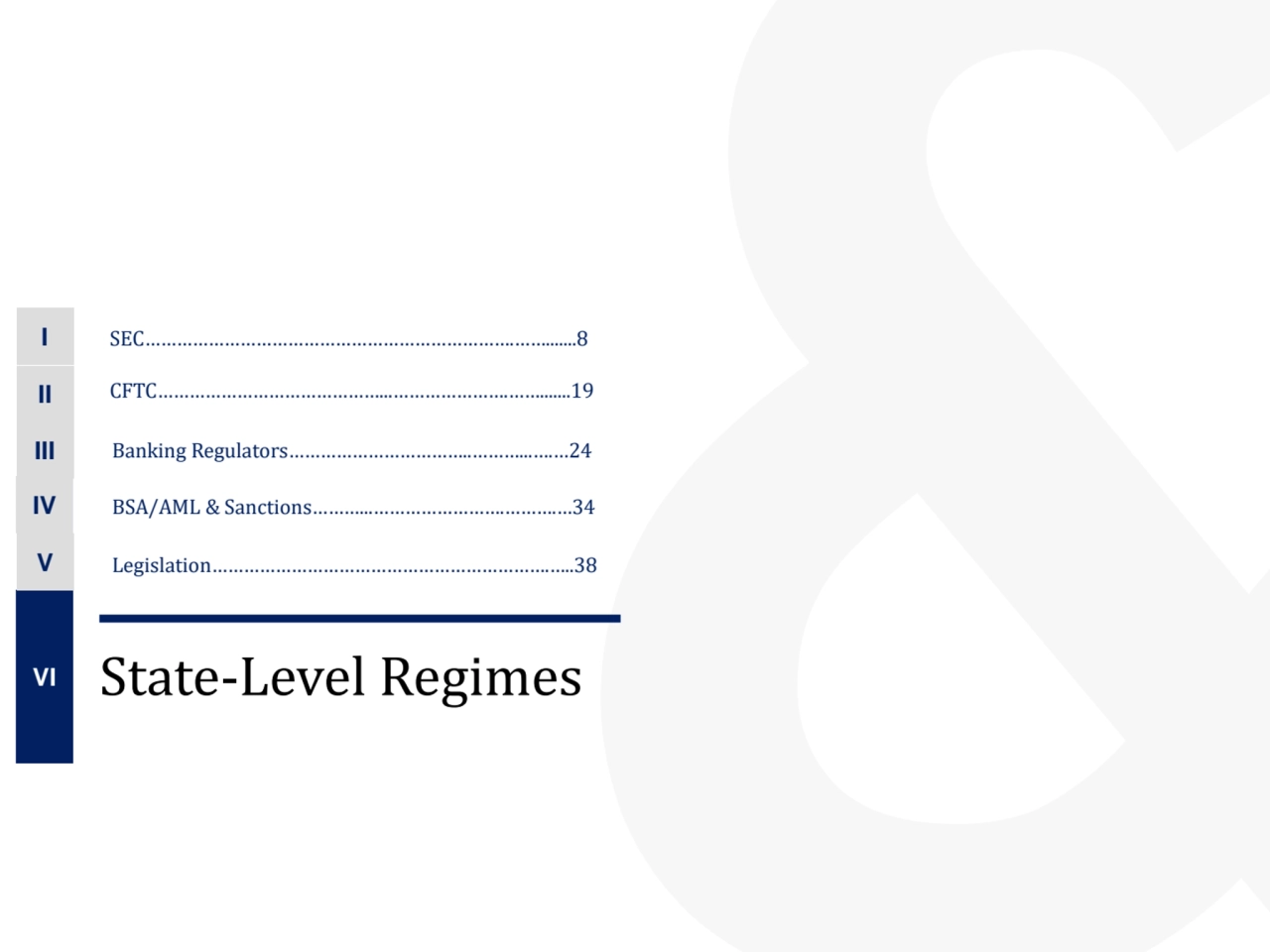 VI State-Level Regimes
II
III
SEC…………………………………………………………….…….......8
IV
V
I
CFTC……………………………………