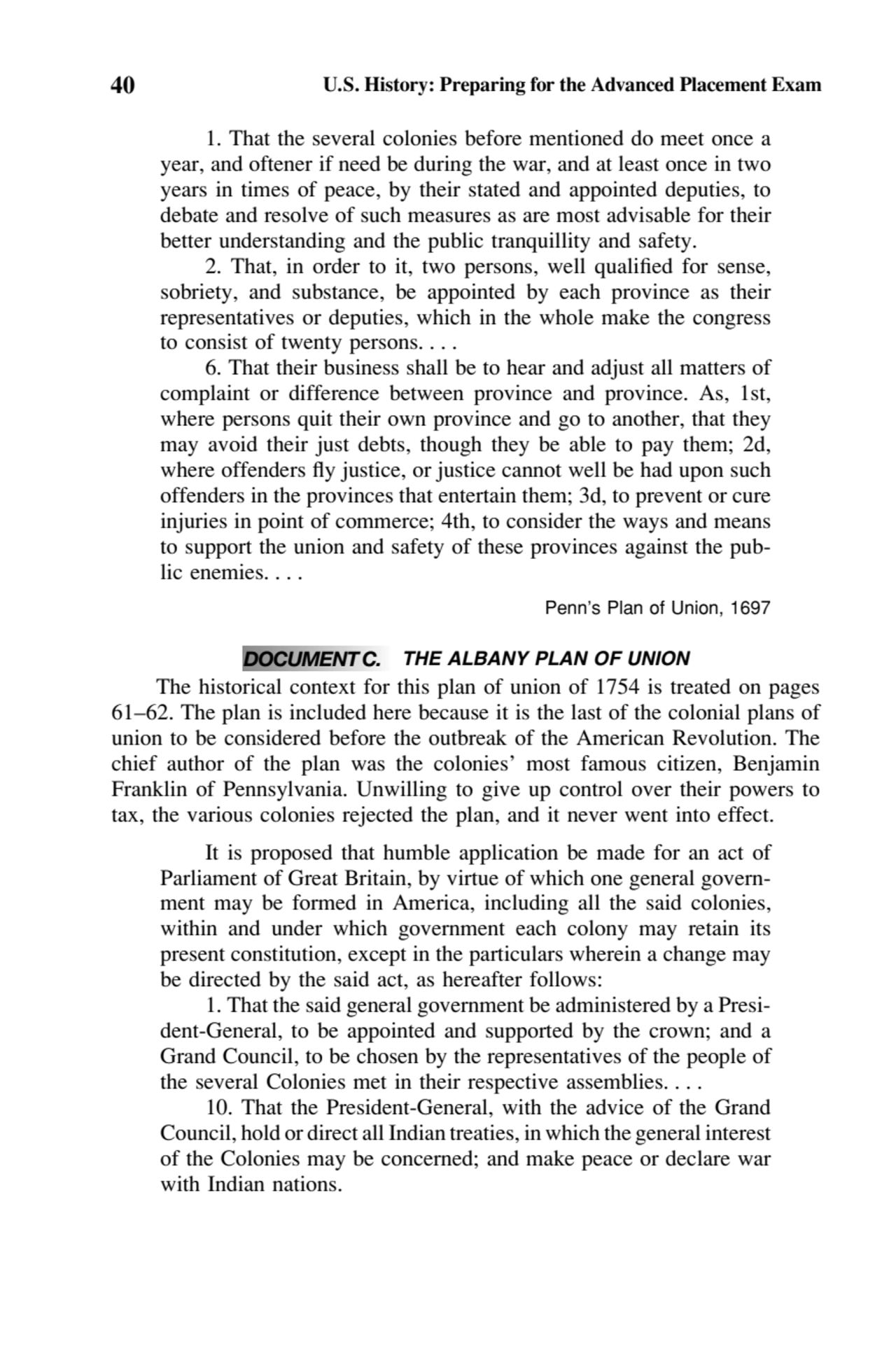 40 U.S. History: Preparing for the Advanced Placement Exam
1. That the several colonies before men…