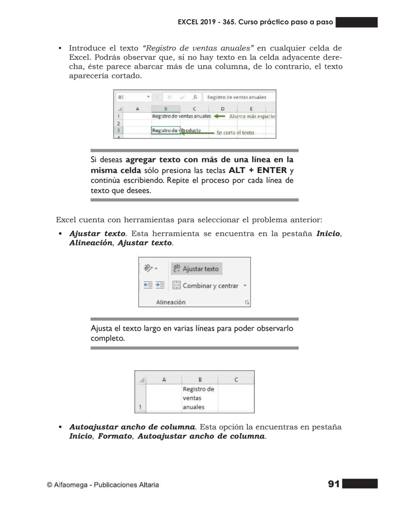 91
• Introduce el texto “Registro de ventas anuales” en cualquier celda de
Excel. Podrás observar…