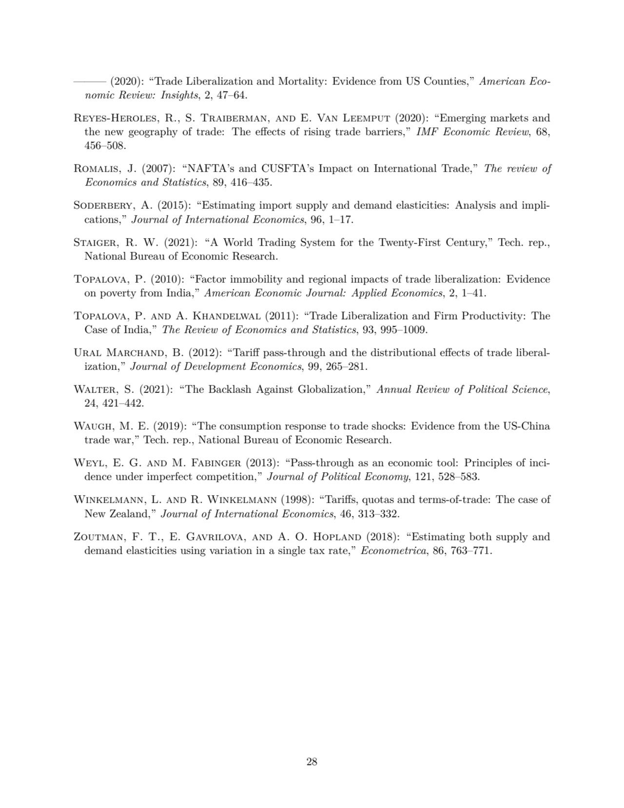 ——— (2020): “Trade Liberalization and Mortality: Evidence from US Counties,” American Economic Rev…