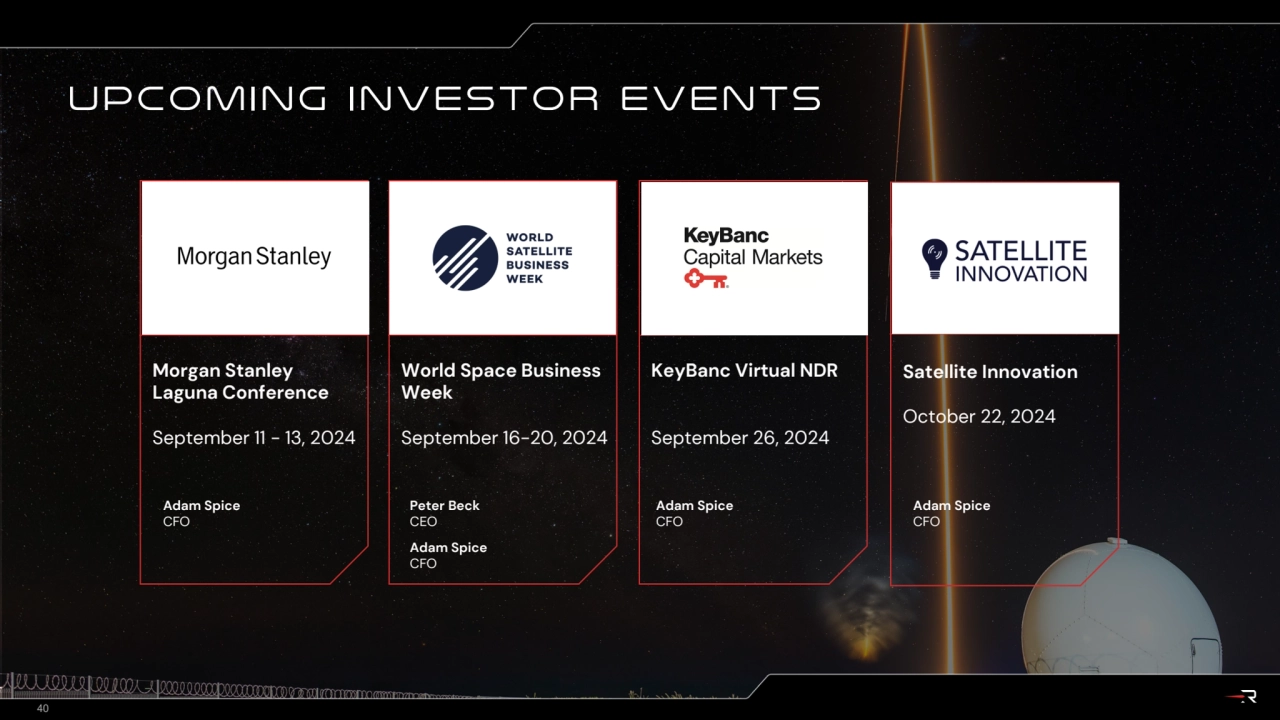 UPCOMING Investor Events
40
Peter Beck
CEO
World Space Business 
Week
September 16-20, 2024 
…