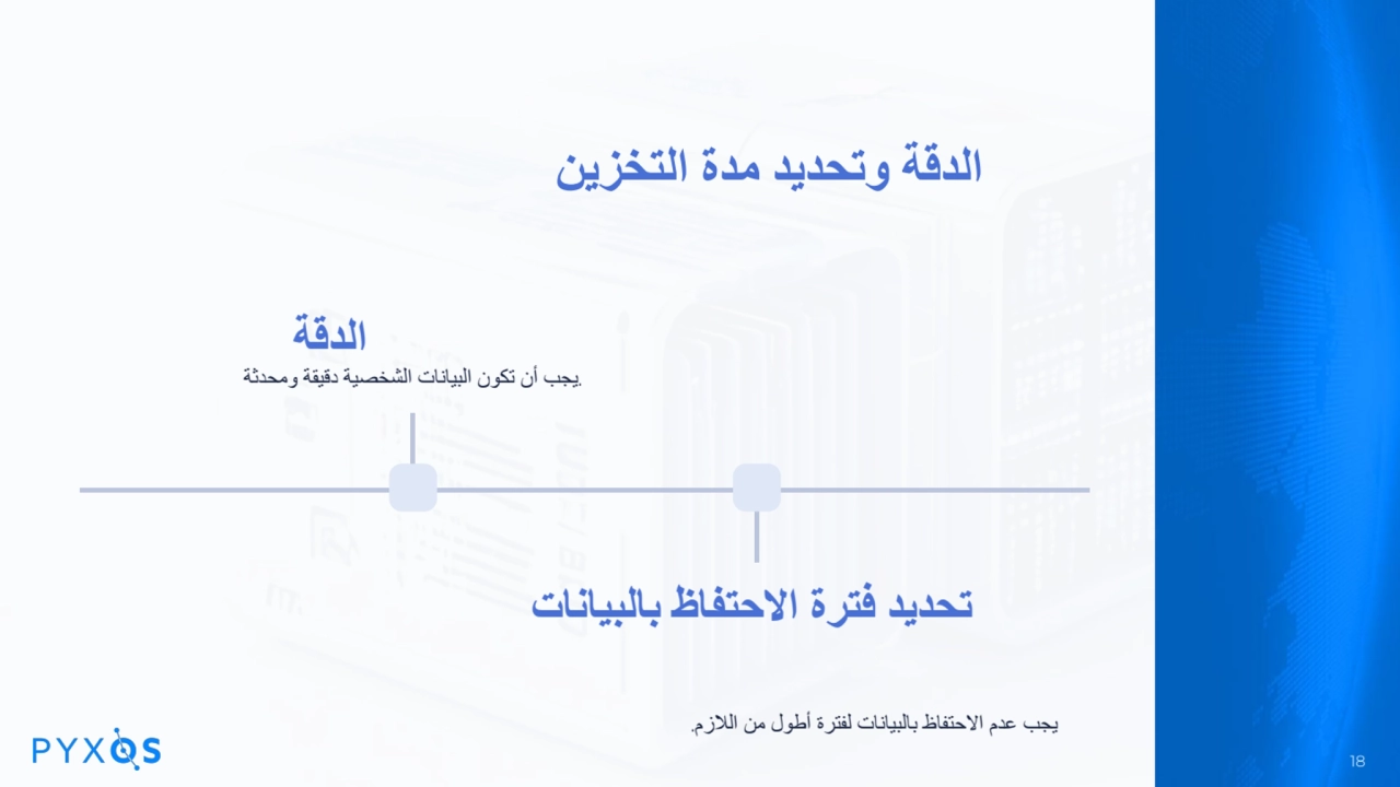 الدقة وتحدید مدة التخزین
الدقة
.یجب أن تكون البیانات الشخصیة دقیقة ومحدثة
تحدید فترة الاحتفاظ با…