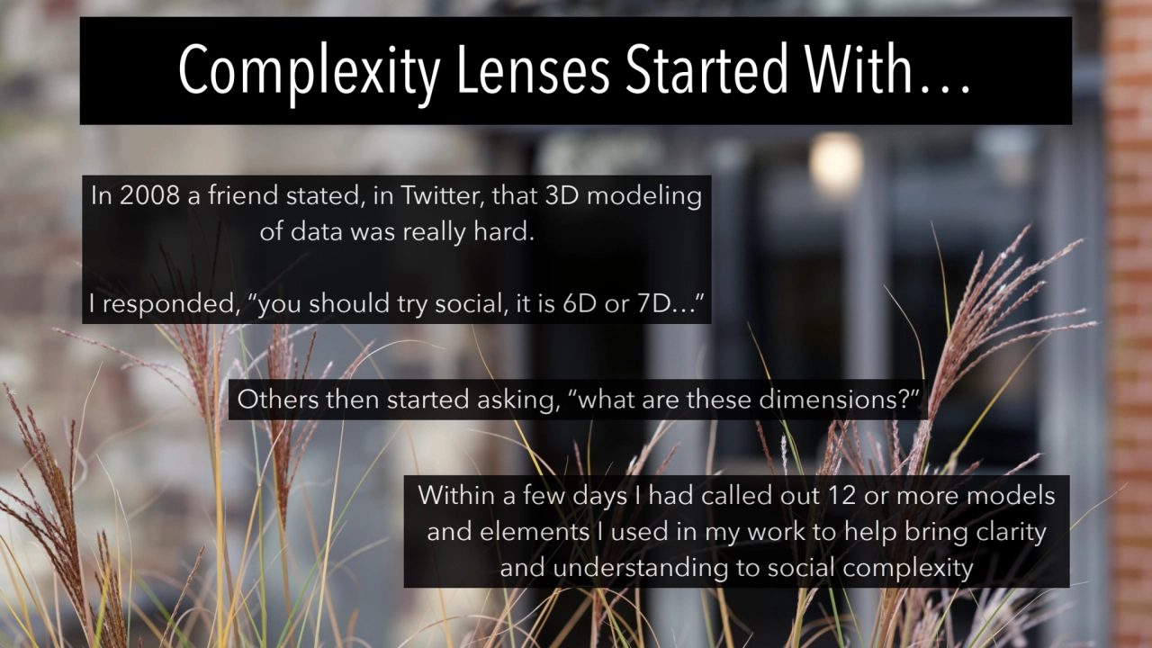 Complexity Lenses Started With…
In 2008 a friend stated, in Twitter, that 3D modeling 
of data wa…