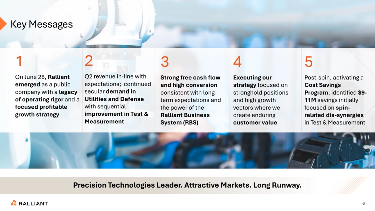 Key Messages
6
Precision Technologies Leader. Attractive Markets. Long Runway.
2
Q2 revenue in-line with 
expectations; continued 
secular demand in 
Utilities and Defense 
with sequential 
improvement in Test & 
Measurement
3
Strong free cash flow 
and high conversion
consistent with longterm expectations and 
the power of the 
Ralliant Business 
System (RBS)
5
Post-spin, activating a 
Cost Savings 
Program; identified $9-
11M savings initially 
focused on spinrelated dis-synergies
in Test & Measurement
1
On June 28, Ralliant
emerged as a public 
company with a legacy 
of operating rigor and a
focused profitable 
growth strategy
4
Executing our 
strategy focused on 
stronghold positions 
and high growth 
vectors where we 
create enduring
customer value
