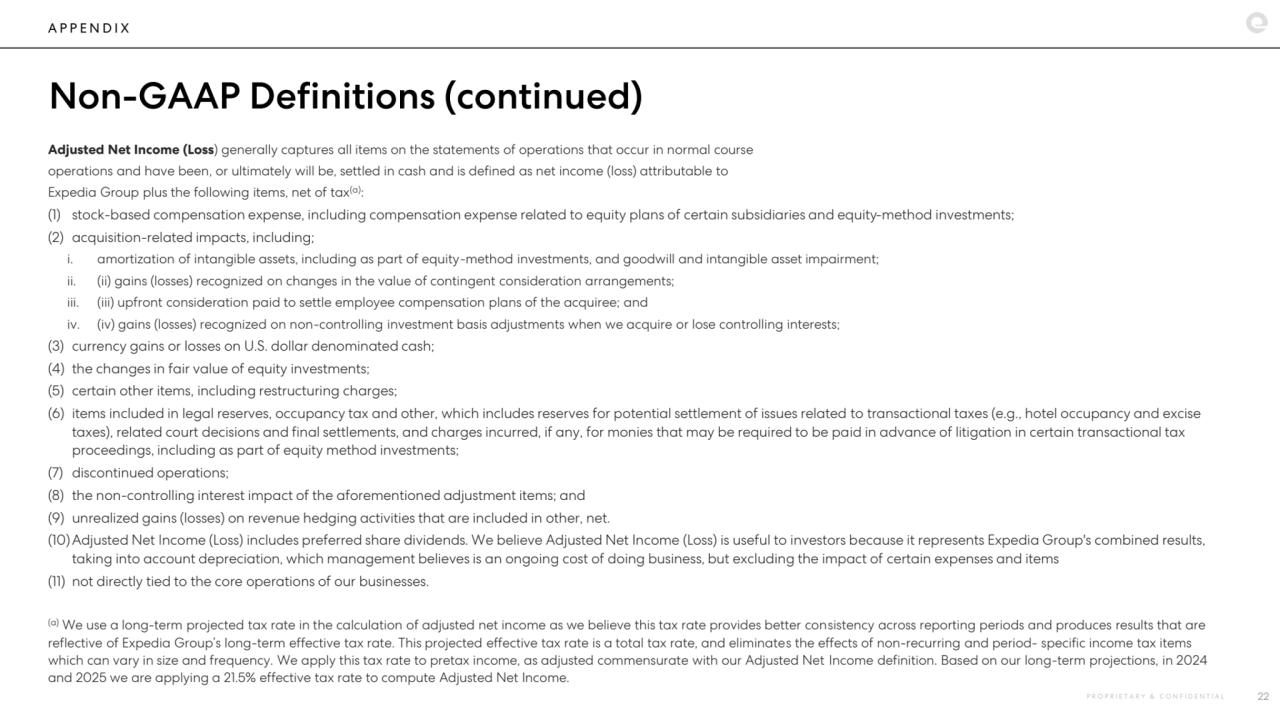 A P P E N D I X
Non-GAAP Definitions (continued)
Adjusted Net Income (Loss) generally captures all items on the statements of operations that occur in normal course
operations and have been, or ultimately will be, settled in cash and is defined as net income (loss) attributable to
Expedia Group plus the following items, net of tax(a):
(1) stock-based compensation expense, including compensation expense related to equity plans of certain subsidiaries and equity-method investments;
(2) acquisition-related impacts, including;
i. amortization of intangible assets, including as part of equity-method investments, and goodwill and intangible asset impairment;
ii. (ii) gains (losses) recognized on changes in the value of contingent consideration arrangements;
iii. (iii) upfront consideration paid to settle employee compensation plans of the acquiree; and
iv. (iv) gains (losses) recognized on non-controlling investment basis adjustments when we acquire or lose controlling interests;
(3) currency gains or losses on U.S. dollar denominated cash;
(4) the changes in fair value of equity investments;
(5) certain other items, including restructuring charges;
(6) items included in legal reserves, occupancy tax and other, which includes reserves for potential settlement of issues related to transactional taxes (e.g., hotel occupancy and excise 
taxes), related court decisions and final settlements, and charges incurred, if any, for monies that may be required to be paid in advance of litigation in certain transactional tax 
proceedings, including as part of equity method investments;
(7) discontinued operations;
(8) the non-controlling interest impact of the aforementioned adjustment items; and
(9) unrealized gains (losses) on revenue hedging activities that are included in other, net.
(10)Adjusted Net Income (Loss) includes preferred share dividends. We believe Adjusted Net Income (Loss) is useful to investors because it represents Expedia Group's combined results, 
taking into account depreciation, which management believes is an ongoing cost of doing business, but excluding the impact of certain expenses and items
(11) not directly tied to the core operations of our businesses. 
(a) We use a long-term projected tax rate in the calculation of adjusted net income as we believe this tax rate provides better consistency across reporting periods and produces results that are 
reflective of Expedia Group’s long-term effective tax rate. This projected effective tax rate is a total tax rate, and eliminates the effects of non-recurring and period- specific income tax items 
which can vary in size and frequency. We apply this tax rate to pretax income, as adjusted commensurate with our Adjusted Net Income definition. Based on our long-term projections, in 2024 
and 2025 we are applying a 21.5% effective tax rate to compute Adjusted Net Income. 
P R O P R I E T A R Y & C O N F I D E N T I A L 22