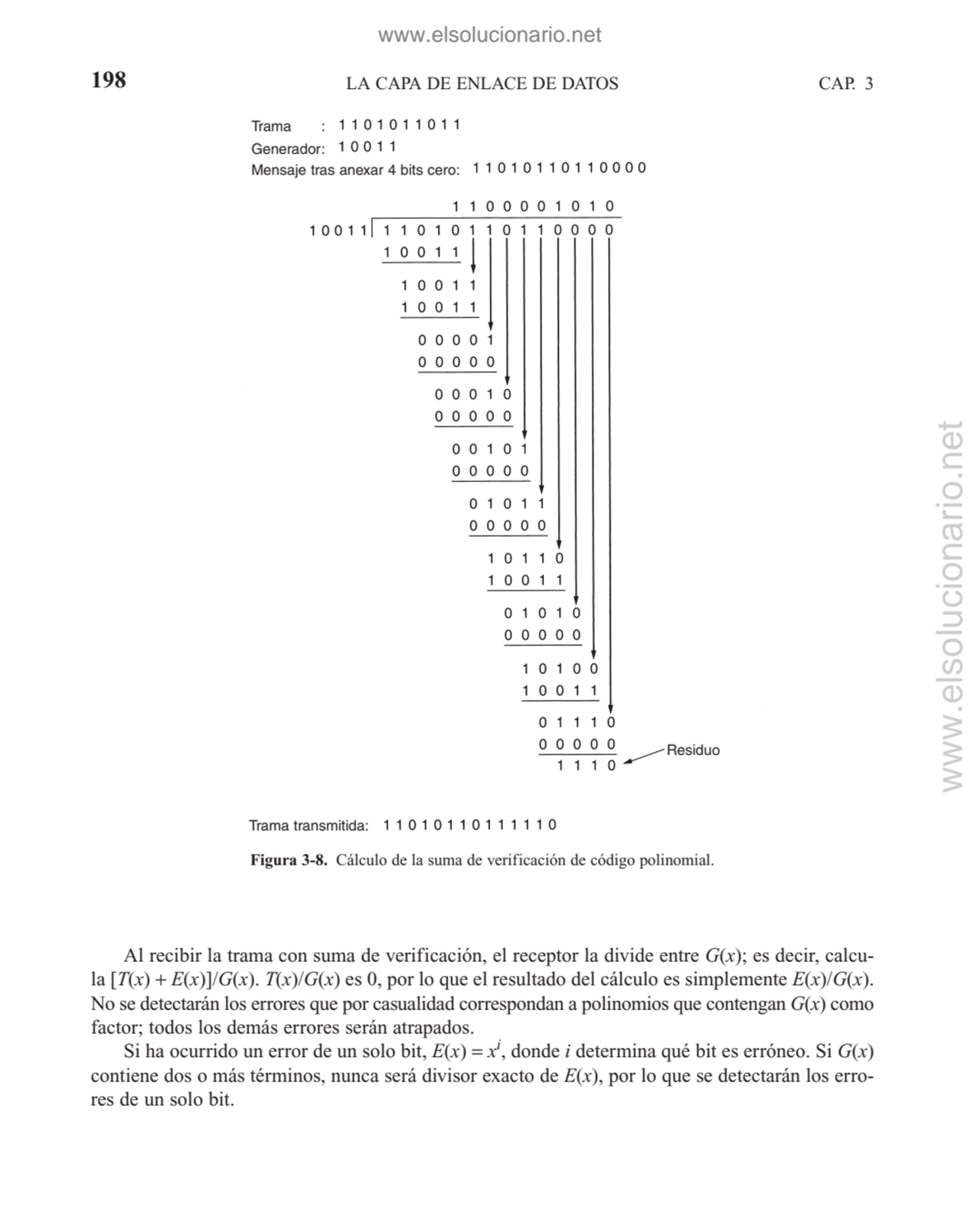 Al recibir la trama con suma de verificación, el receptor la divide entre G(x); es decir, calcula …