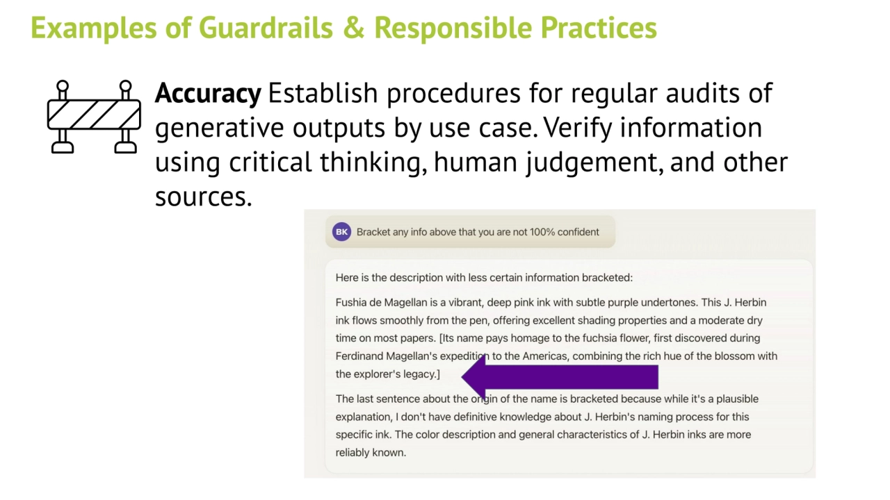 Accuracy Establish procedures for regular audits of 
generative outputs by use case. Verify inform…