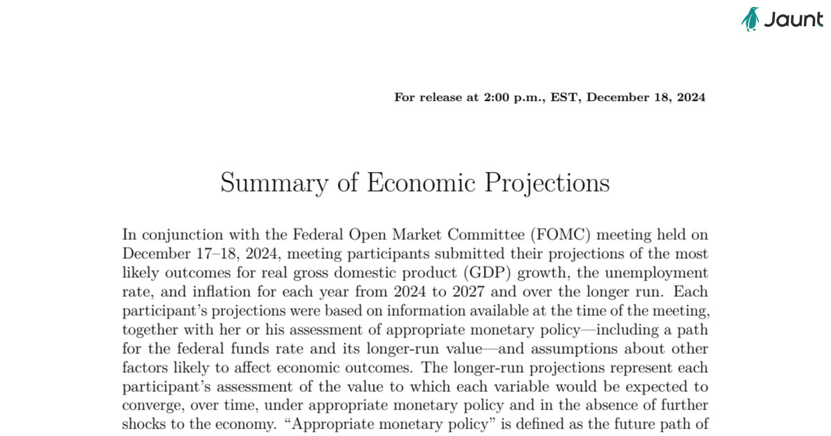 Summary of Economic Projections, December 18, 24 by Federal Reserve to justify lesser rate cuts 2025