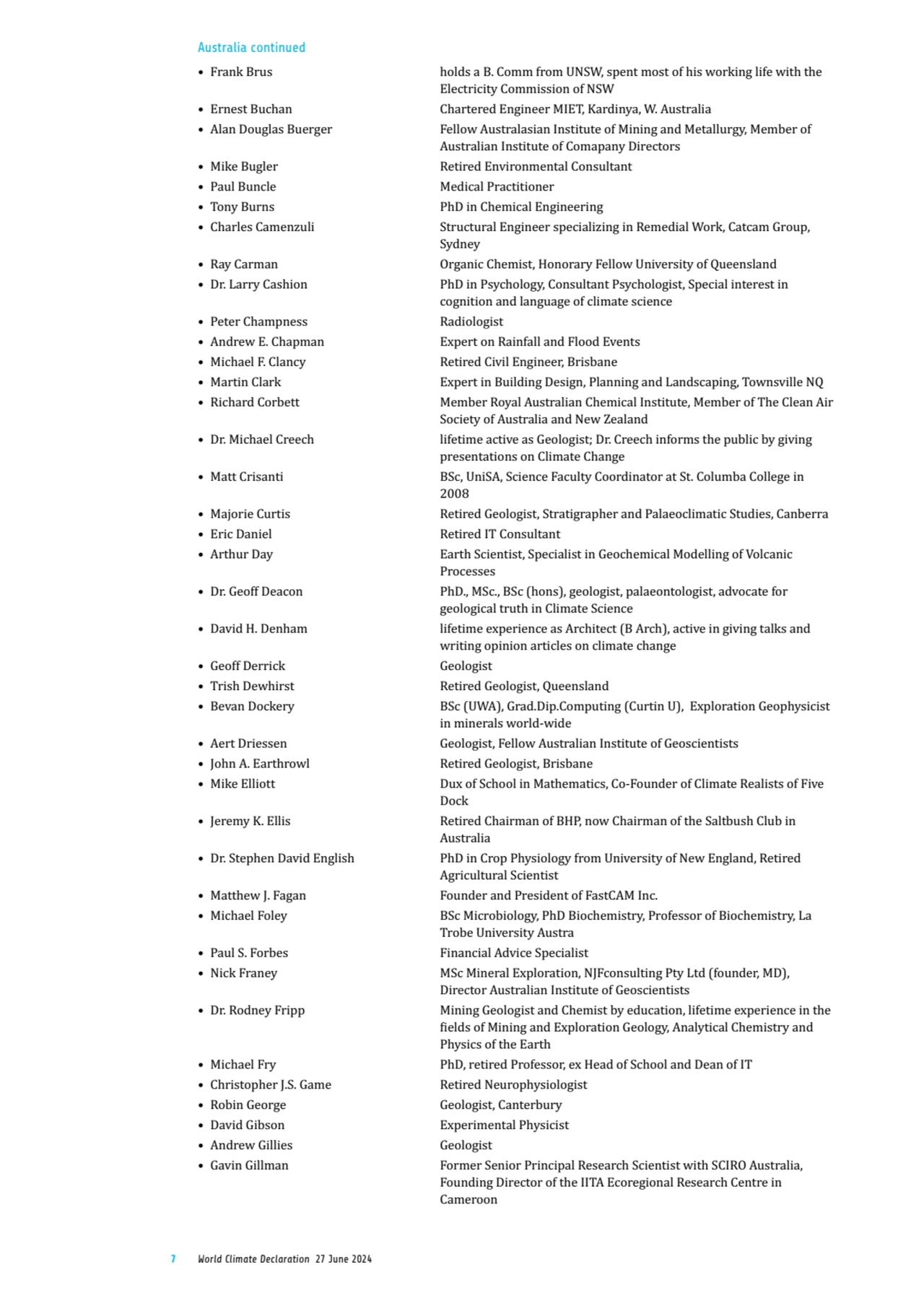 7 World Climate Declaration 27 June 2024
• Frank Brus holds a B. Comm from UNSW, spent most of his…